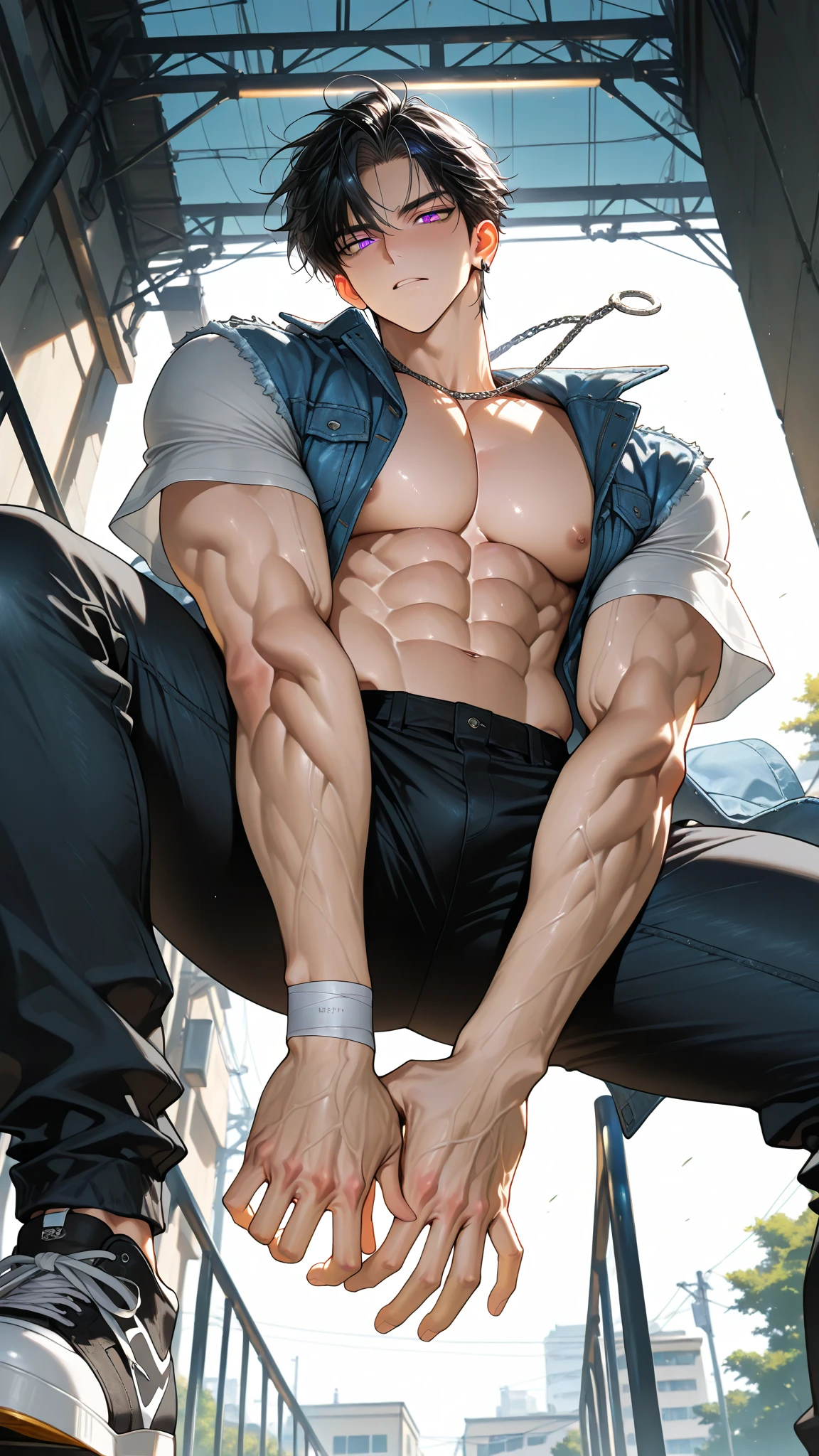 30-year-old man, tired eyes and dark circles, dark-skinned, tattered clothes, gray shirt, blue pants, black hat, muscular, drunk.