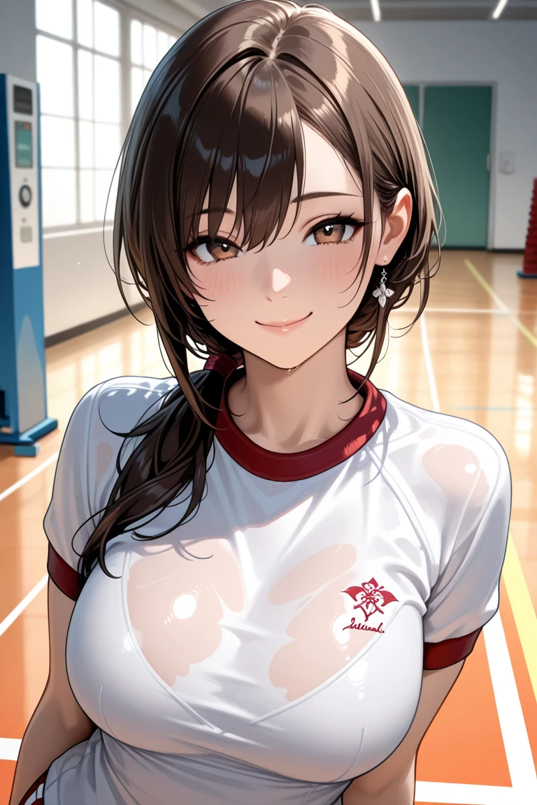 mastute piece,Best Quality,insanely detailed,8k cg,nsfw,
(shoot upper body:1.3),
(1girls:1.3),standing,looking at viewr,body in front,both arms behind back,(volleyballball uniform:1.3,buruma),(bare breasts:1.1),(bare nipples:1.1),
break,
blush,shy,(??????? face),(trembling:1.2),break,(light brown hair:1.2),
break,
perfect breasts,perfect teats,(open mouth:0.9),(large breasts:1.2),
(volleyball court)、
