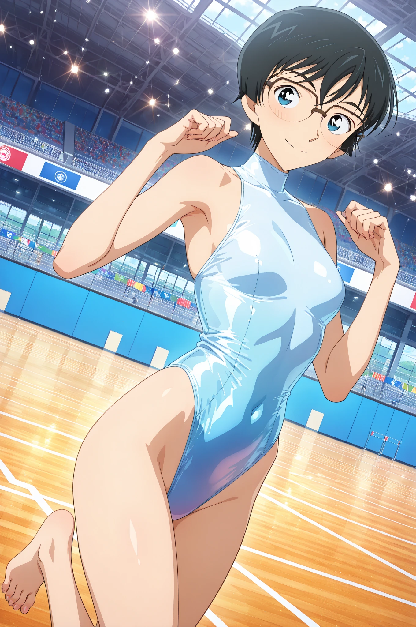 expensivequality illustration, masterpiece, Very delicate and beautiful, Attractive girl,(Gymnastics leotard, Floral print leotard,Long sleeve leotard with glittery embellishments,expensive_Leg leotard,athletic leotard,tight-fitting leotard,Rainbow gradient leotard),thin,Slender body,slim,expensive school,Gymnasium background,Gymnastics Club,Gymnast,Princess, Beautiful Eyes,A light smile,(masterpiece, Highest quality:1.2), expensiveres, 非常に詳細な CG ユニティ 8K 壁紙, Perfect lighting, colorful, ultra-expensive res,4K,Super detailed, photograph, 8K, High resolution, 17 years old,