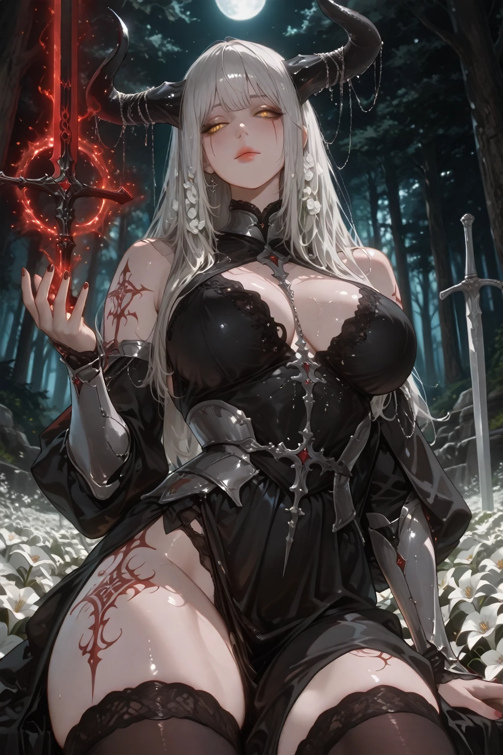 Highest quality, masterpiece, Ultra-high resolution, female、Big Breasts、The Hero's Corpse、Badly damaged body、With a sword stuck in my heart、With eyes open、Dead Eyes、Blood、Cold body、Insects are attracted、left on the floor、Severed Head、grotesque、Lightweight Hero's Clothes