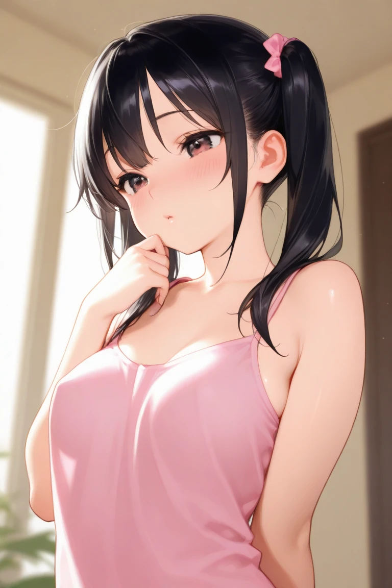 very cute and beautiful girl,(highly detailed beautiful face),(smile:1.2),happy,blush,embarrassed,looking at viewer,(pink leotard:1.3),sleeveless, glamour and elegant pose,locker room in training gym,black hair, (best quality,masterpiece),absurdres,highres,ultra-detailed,extremely detailed,32k,8k resolution, intricate details,cinematic scene,detailed background,solo,dynamic angle,