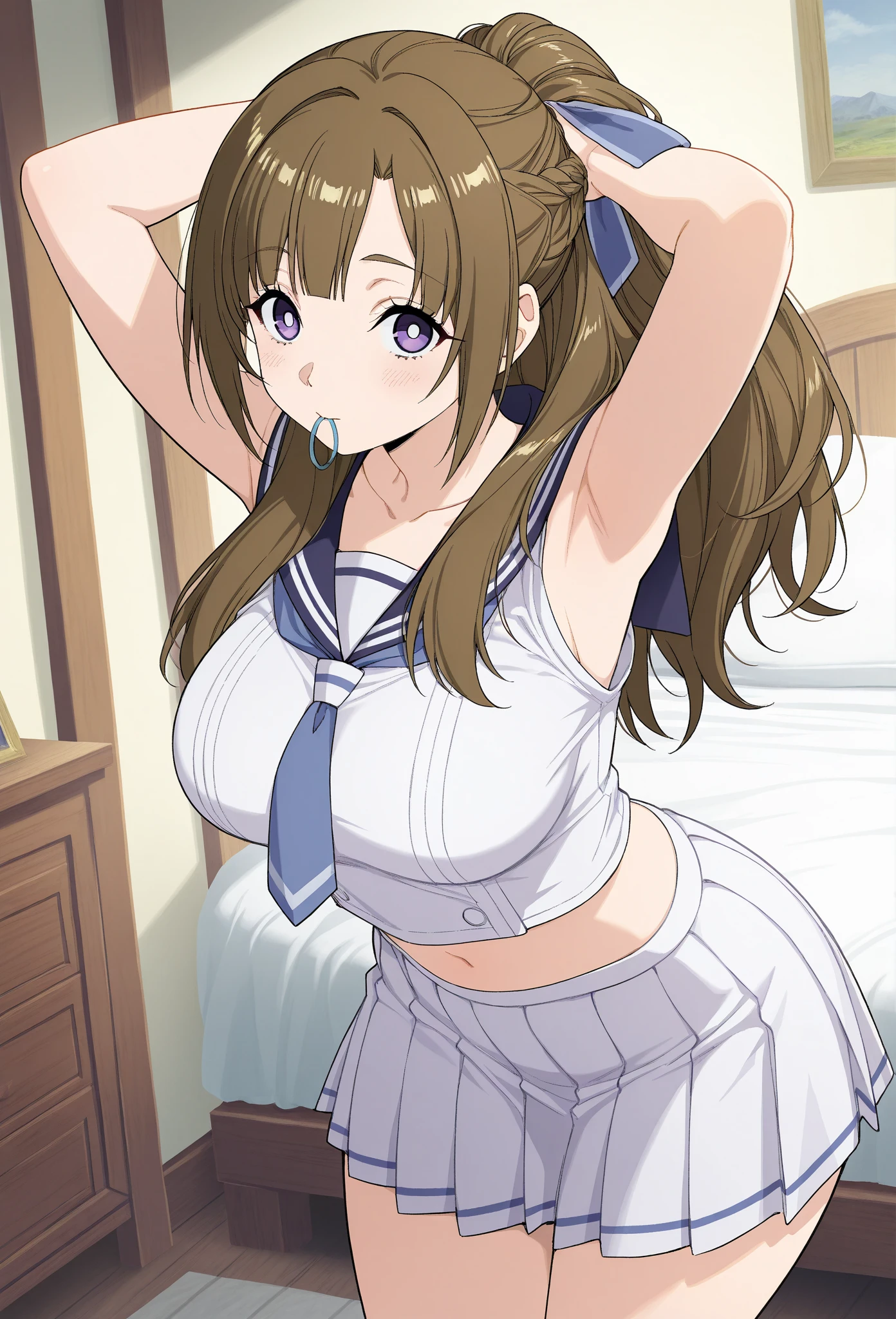 best quality, high resolution, 1girl, (huge breasts:1.2), from above, looking up, sitting, wariza, Beautiful face, gorgeous eyes, (nose blush:1.2), open mouth, (tongue out), mamako_oosuki, mature female, long hair, brown hair, purple eyes, bright pupils, ribbon, white leotard