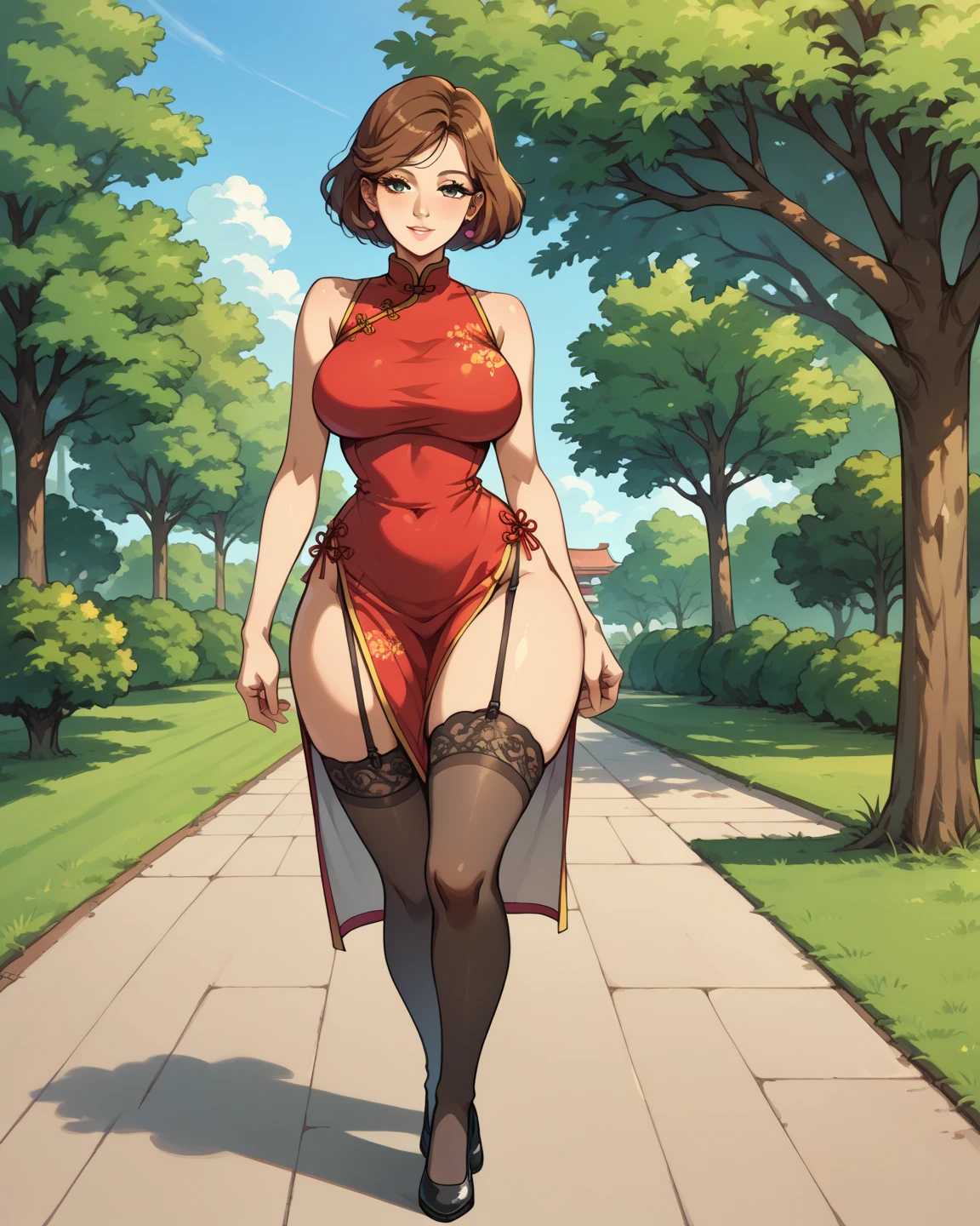 (comic cover:1.4),masterpiece, best quality,2girl,young girl, plum_pie eyes, brown, choppy bob,envious _face,shiny skin,huge breasts,nice leg line:1.3,lolita_dress,red color high heels, Pathway_lined_with_blooming_cherry_blossom_trees,crowd,looking at viewer,from front:1.3,full body, legsupsexms,crowd, pull skirt