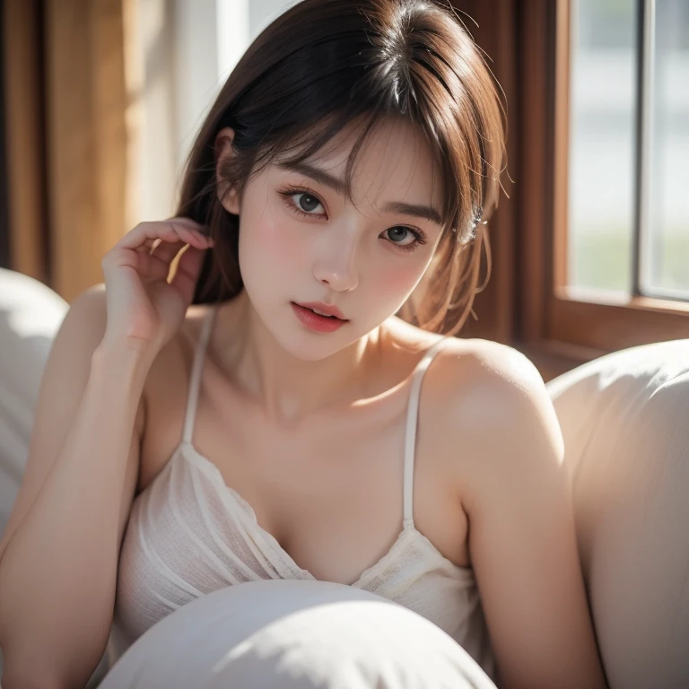 ulzzang-6500-v1.1, (RAW Photos:1.2), (Photorealistic), (Genuine:1.4), (Mastepiece), masterpiece, Absurd, The finer details, High resolution, Highly detailed face and eyes, Photorealistic, (Random Porn Pose),(Random Hairstyles), One girl, ((Lying face down))、Black Hair, Quiet sleep、Deep sleep、peace of mind、 Adult, Fully mature, wearing a see-through nightgown、Close your eyes and wait for a kiss、(Full Body Shot:1.2)
