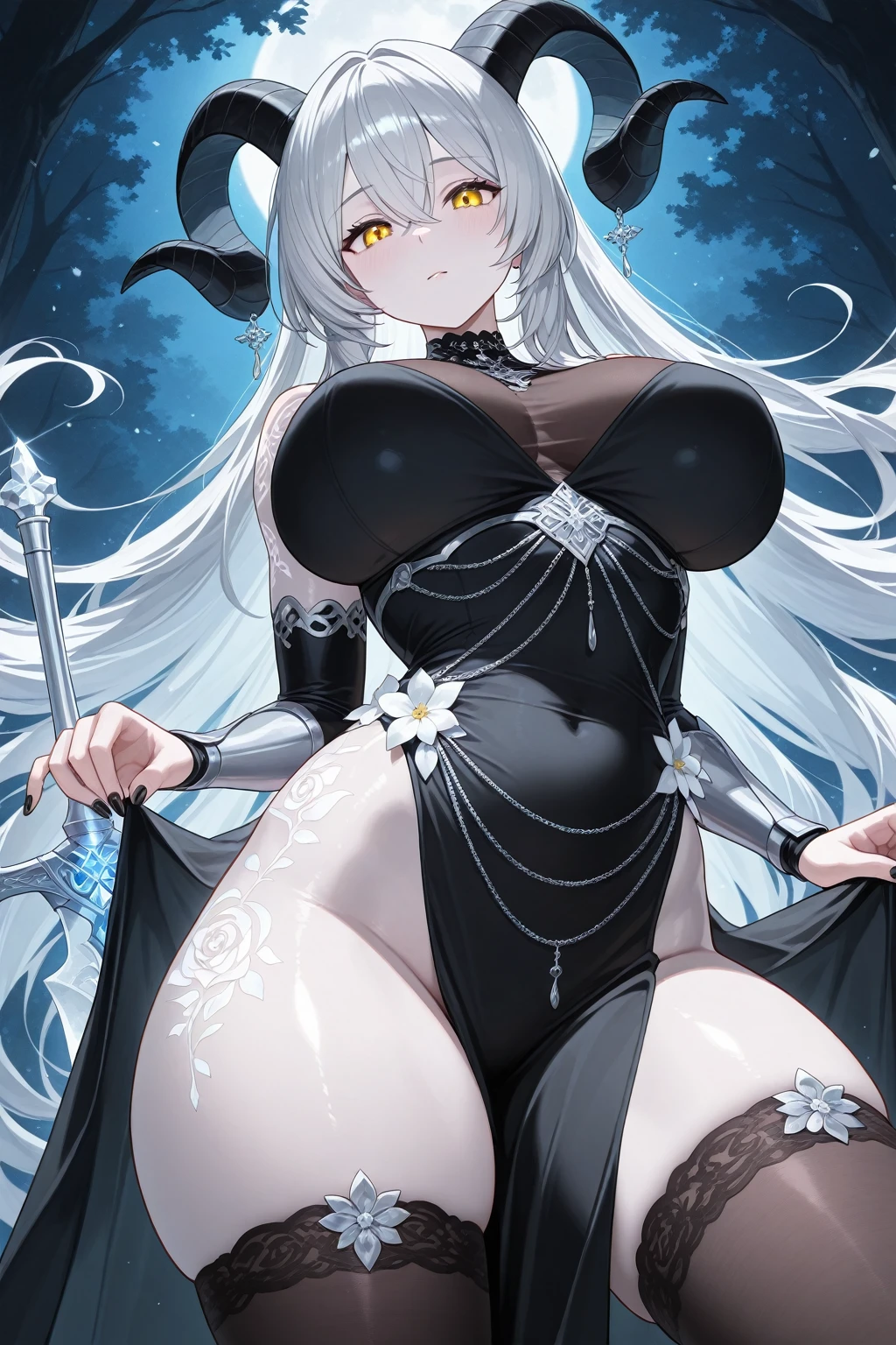 masterpiece, Very detailed, ultra detailed, One (1 woman), she is wearing a long thin black dress with red accents, with a slit on the legs, in her dragon hands she holds a long black wooden staff., which emits light blue energy with green undertones. Her crown was made of a material similar to black twigs and decorated with a light blue gemstOne. And in an elegant position, super mature, high, Mother, Mature mother, super long hair, Wavy hair, ultra black hair, Beautiful, charming, Heterochromia of the eyes (Left Eye Black, and in her right eye there is a golden magic circle, which rotate clockwise), hot look, hot, elegant, Huge breasts, big breasts (Huge, torn), cheerful breasts, Neutral person, charming, she stands in front of the royal drawing room, mysterious atmosphere.