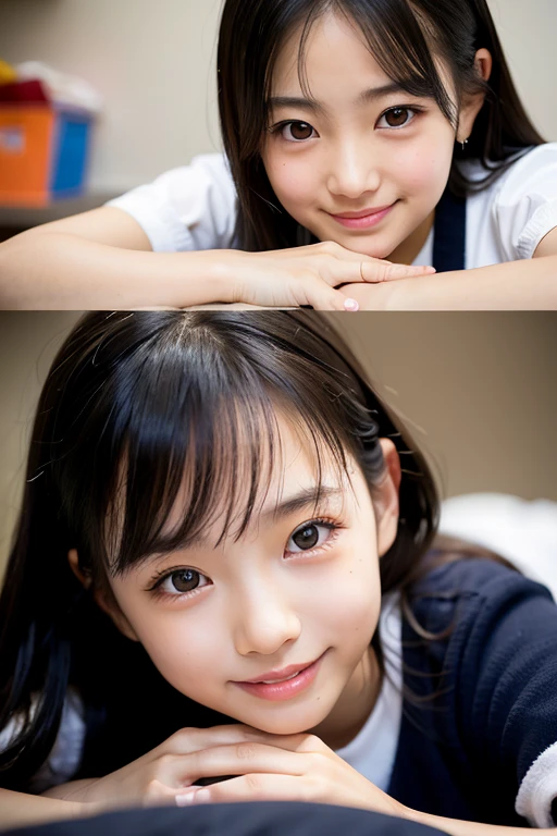 (Highest quality,masterpiece:1.3,Ultra-high resolution),(Very detailed,Caustics,8K),(Realistic:1.4,RAW shooting),(School classroom),(Girl resting her chin on the desk),Sit on a chair,18-year-old,cute,Japanese,Looking into the camera,Black hair ponytail,Sailor suit,(The light coming in from the window illuminates the girl:1.1),(Curtains swaying in the wind),(Bust up shot),(Face Focus),(Face close-up),Low position,Low Angle,Natural light,Smile,