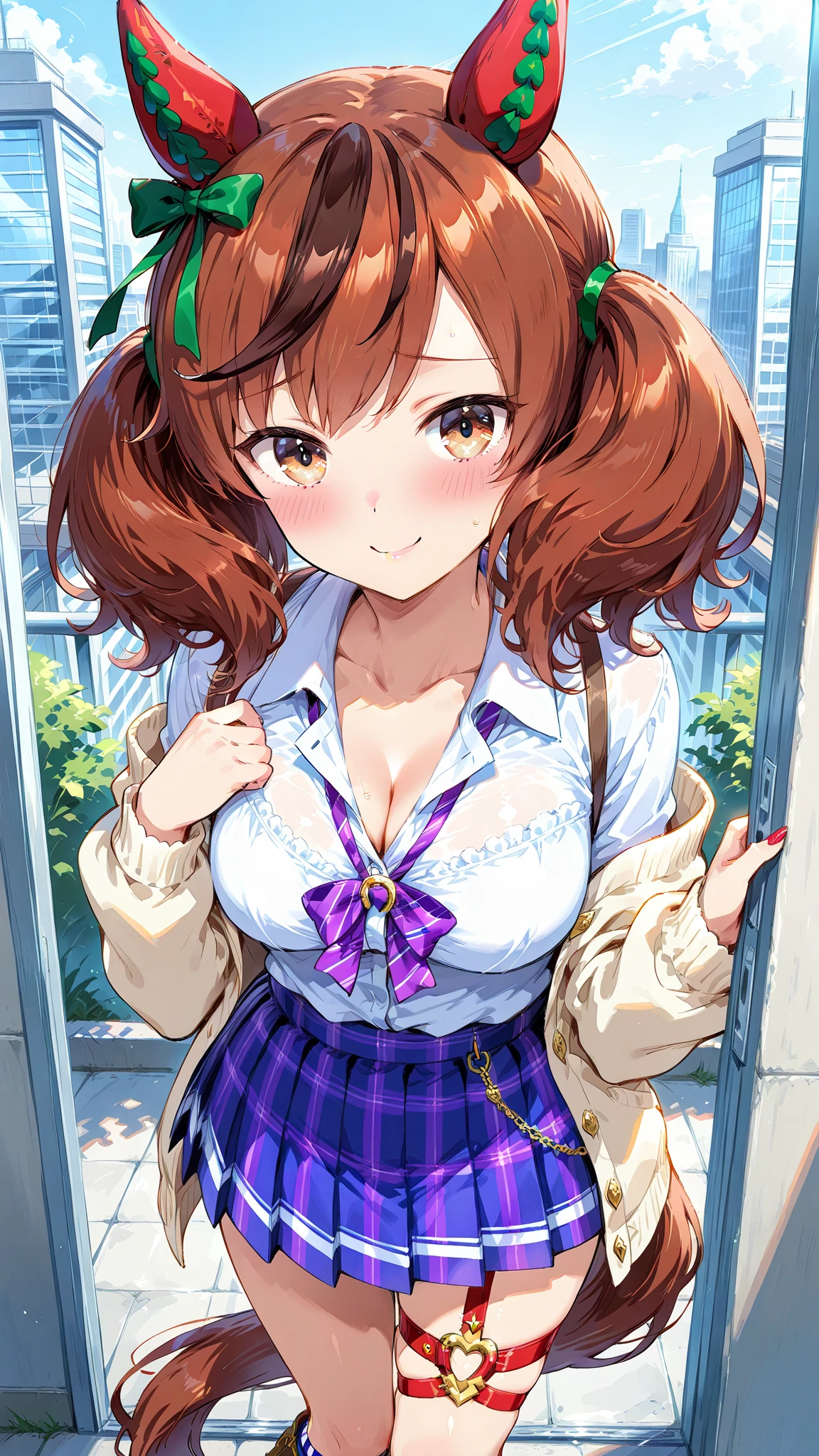 zheng style, Green Eyes, blush, Ponytail, flower, Long hair,  Ahog, Solitary, Pantyhose, White background, skirt, Brown hair, pencil skirt, teacher, 1 Girl,,Put your hands behind your back，Squint your eyes, Smile, Large Breasts. ((Cleavage))8k, Super detailed, fair and aesthetic, high quality, fair, masterpiece, best quality, permanent, lean forward, Glowing skin, Sticking out tongue of mouth, blush, Sexy body, Definition, Perfect eyes, Sticking out tongue, blush, Strabismus,（with tears in eyes, Saliva residue）, skirt下摆湿了, Brushed, photography, 8k, HDR, high resolution, absurd:1.2, Kodak Portrait 400, Film Grain, Blurred background, Bokeh:1.2, lens flare, (Energetic_color:1.2),专业photography师