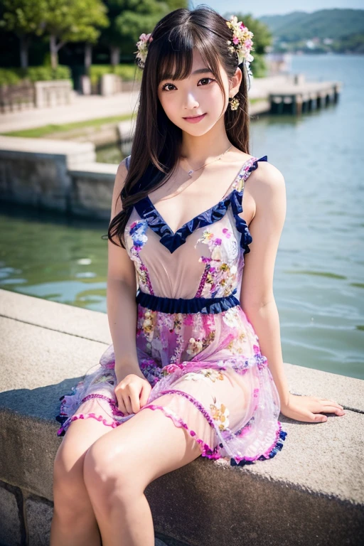See-through summer dress､one piece、No underwear、Sitting with legs wide open
