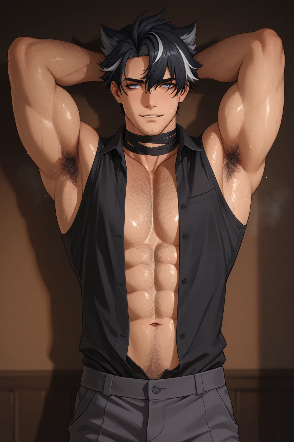 (naughty man) (long black  hair) (Eyes red) (muscled body) (hair on the abdomen) (armpit hair) (wears a black leather jacket) (White tank top) (blue jeans)