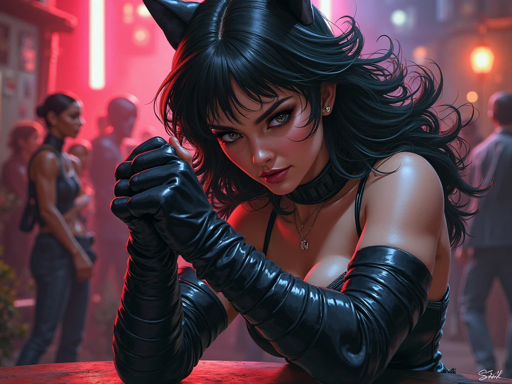 A disturbing woman with cat's eyes and a smile with a wide mouth and pointed teeth, in the background a funereal environment