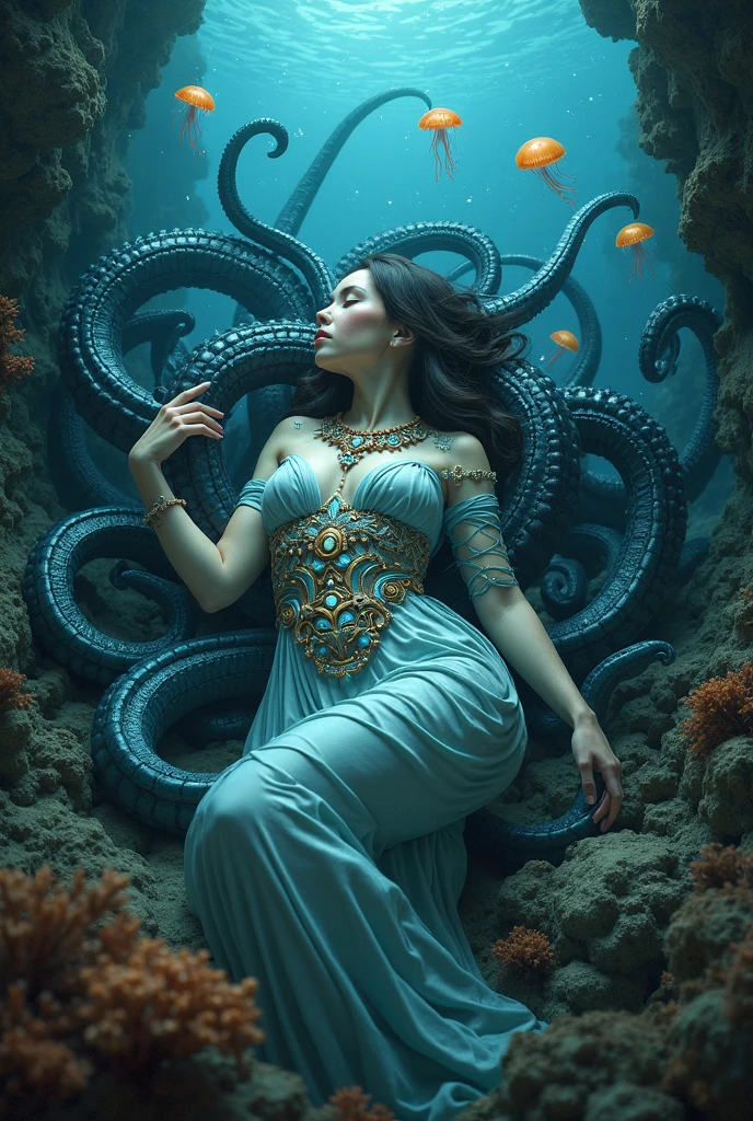 (extremadamente detallado, obra maestra, La mejor calidad, Under the Ocean), Estilo oscuro, volumetric illumination. armadura medieval, rostro con arrugas, lengua larga, tentacle, deforme, imagen submarina, pico de pulpo amenazante. manchas de tinta. Rococo composition. Luz de caravaggio