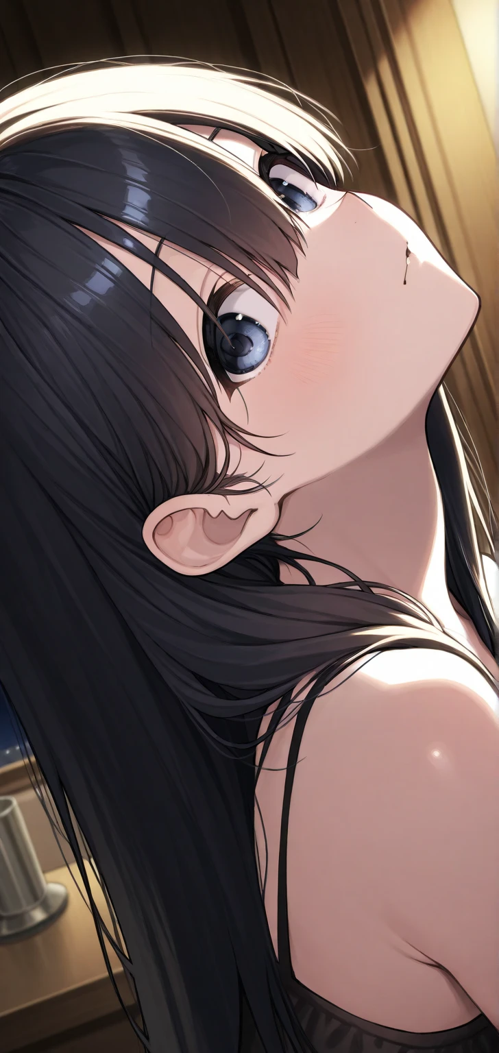 Close-up side view of naked black hair ponytail beautiful woman kissing face Solo
