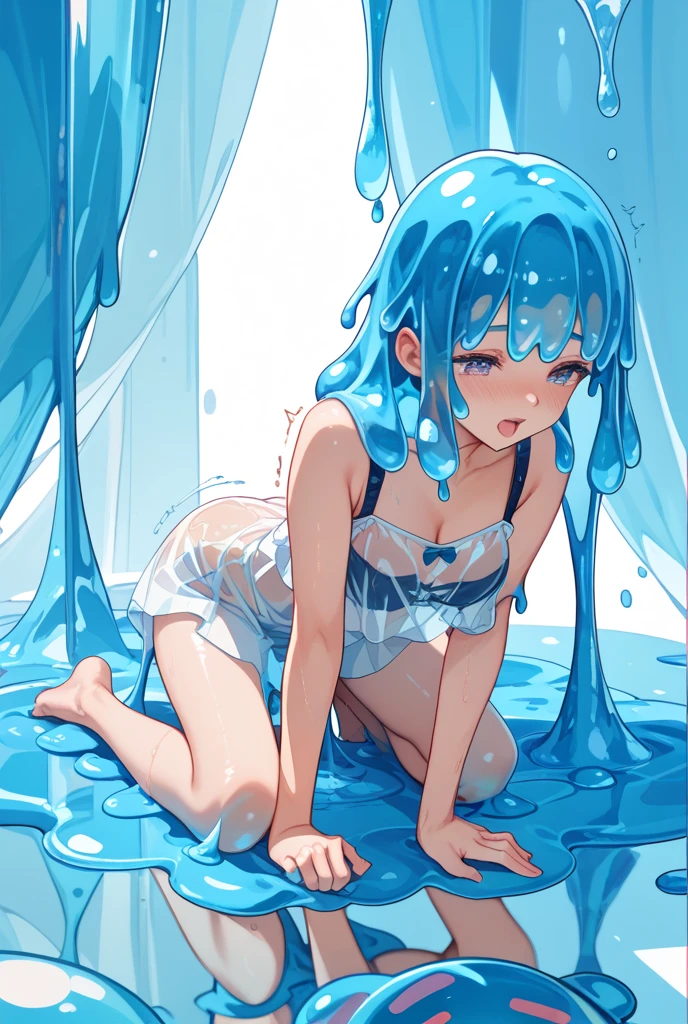 Slime Girl,light blue,composition,cute,Masterpiece,light blueのスライム,Transparent,Natural Light,Super detailed,Ultra HD,clear,Completed blue,Masterpiece,An illustration,Soft.The body is made of slime,White background,俯瞰のcomposition,チャイナ服のSlime Girl