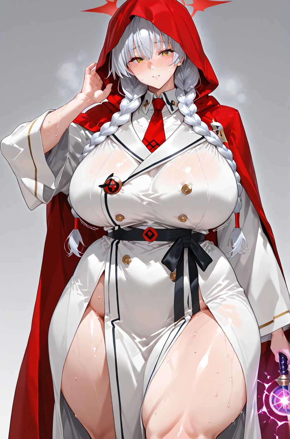 (((Plain background 1:2))) (masterpiece, high quality: 1.1) 1girl full body standing, hairstyle with a braid, white colored hair, yellow eyes, perfect lighting, muscular, thighs, mature woman, mummy, bellybutton, abs, looks at the viewer smile RED CHEEKS, extremely huge breasts, maternal, porcelain skin, extra very long hair, sparkly skin, good face, chest cover, HANDS ON HIPS