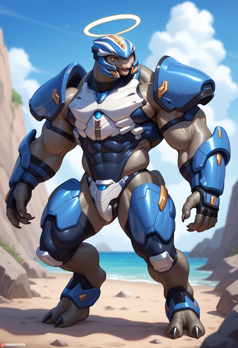 Wolf, furry, male, adult, blue fur, muscular strong man, particularly developed muscles, large chest muscles, developed abdominal muscles, perky buttocks, thick legs, half naked, ((white T-shape underwear)), raised crotch, (huge crotch), erect, walking on the beach, spreading legs, sunny, morning, ultra fine carving, ultra high image quality, thick coating style, exquisite details, perfect body, accurate and precise body portrayal, sexy, accurate facial portrayal, fine background, blue sky and white clouds, summer beach style, gorgeous light and shadow, best depiction effect, 4K ultra clear