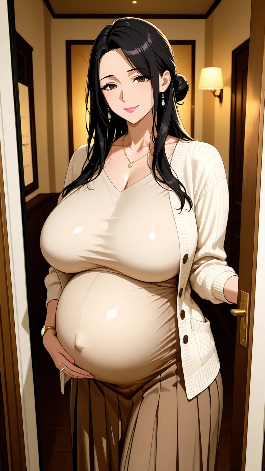 Hot sexy beautiful pregnant milf mother having creampie sex with fat ugly old man in missionary position , big heavy long chandelier earrings,black hair,short hair,blush,black eyes, lipstick,apron see through, screaming,mature body,