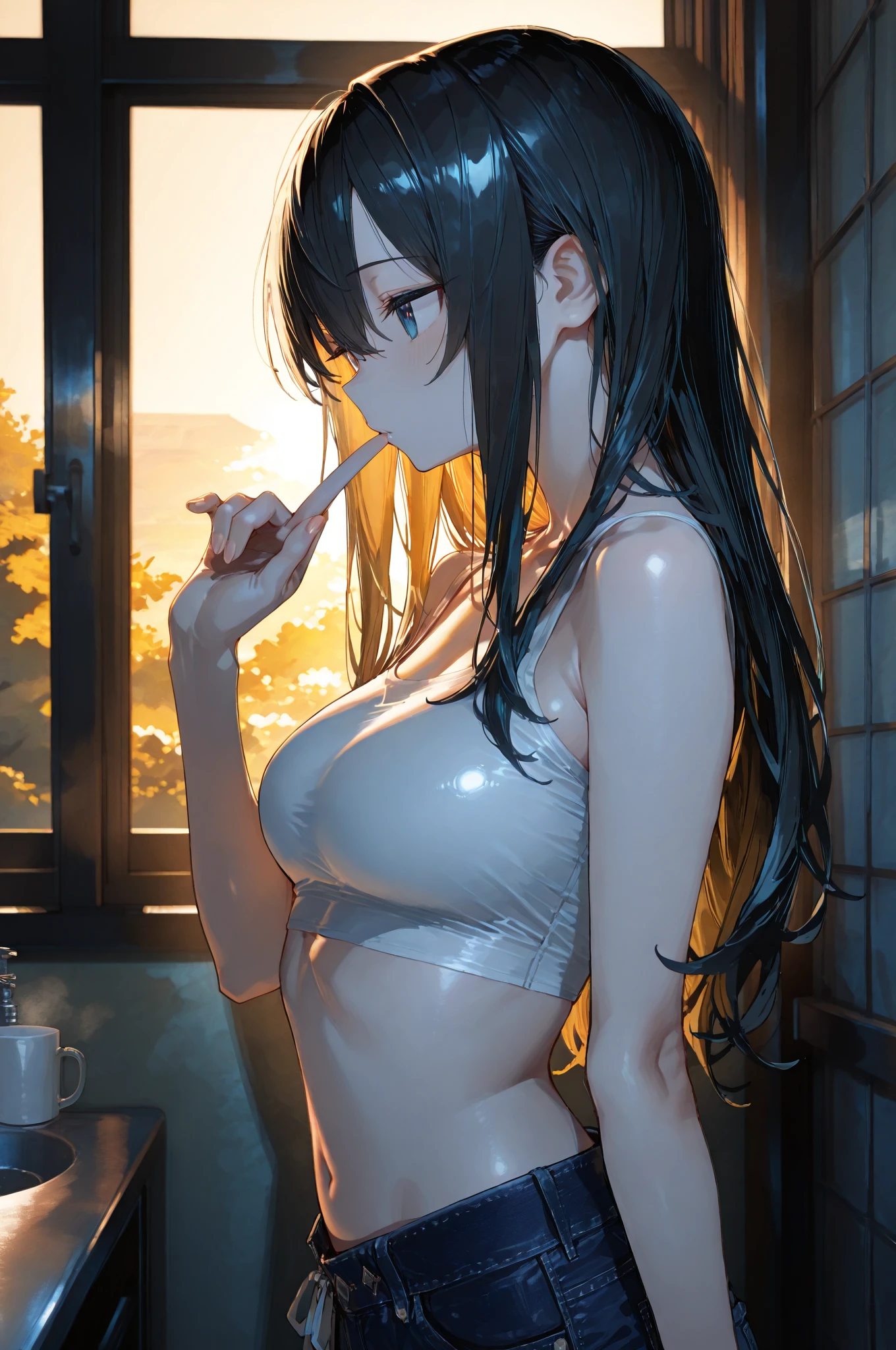 (1girl), ( looking back, twisting her upper body, ), (back view), looking at viewer, Perfect style,super gigantic huge breast, super gigantic plump butt, beautiful slim curve, (super beautiful butt crack:1.5), (dripping coffee, milk, cream, and syrup:1.6), beautiful face, accurate, anatomically correct, highly detailed face and skin texture, detailed eyes, blue eyes, double eyelids, thin eyebrows, glitter eyeliner: 1.2, blushed cheeks, round face, glossy skin, fair skin: 1.2, (glossy lips: 1.4), (heart shaped pupils) , full of delight, innocent and Cute girl,
BREAK first-person-view, ((Wearing , costume of barista , wet , transparent :1.6)), ( it consists of stylish cafe apron, white blouse, denim jeans ) , (wedgie of panty:1.6), (beautiful sideboob:1.6)((( glossy black hair with vivid red sidecolors:1.5 ))), (( beautiful extra long hair, straight:1.6)), (glossy accessories:1.5),(Glasses that give an intellectual impression)
BREAK (Full body shot: 1.2), (focus on her sideboob), ((( at the laboratory for ceperiment of creatures: 1.6)), (very terrible atomosphere:1.6),
top quality, (Masterpiece: 1.3), (Maximum resolution: 1.2), (Ultra HDTV: 1.2), Cinema light, Ultra HDTV, (Detailed eyes and skin), (Detailed facial features), HDR, 8k resolution, Sharp Focus: 1.2,