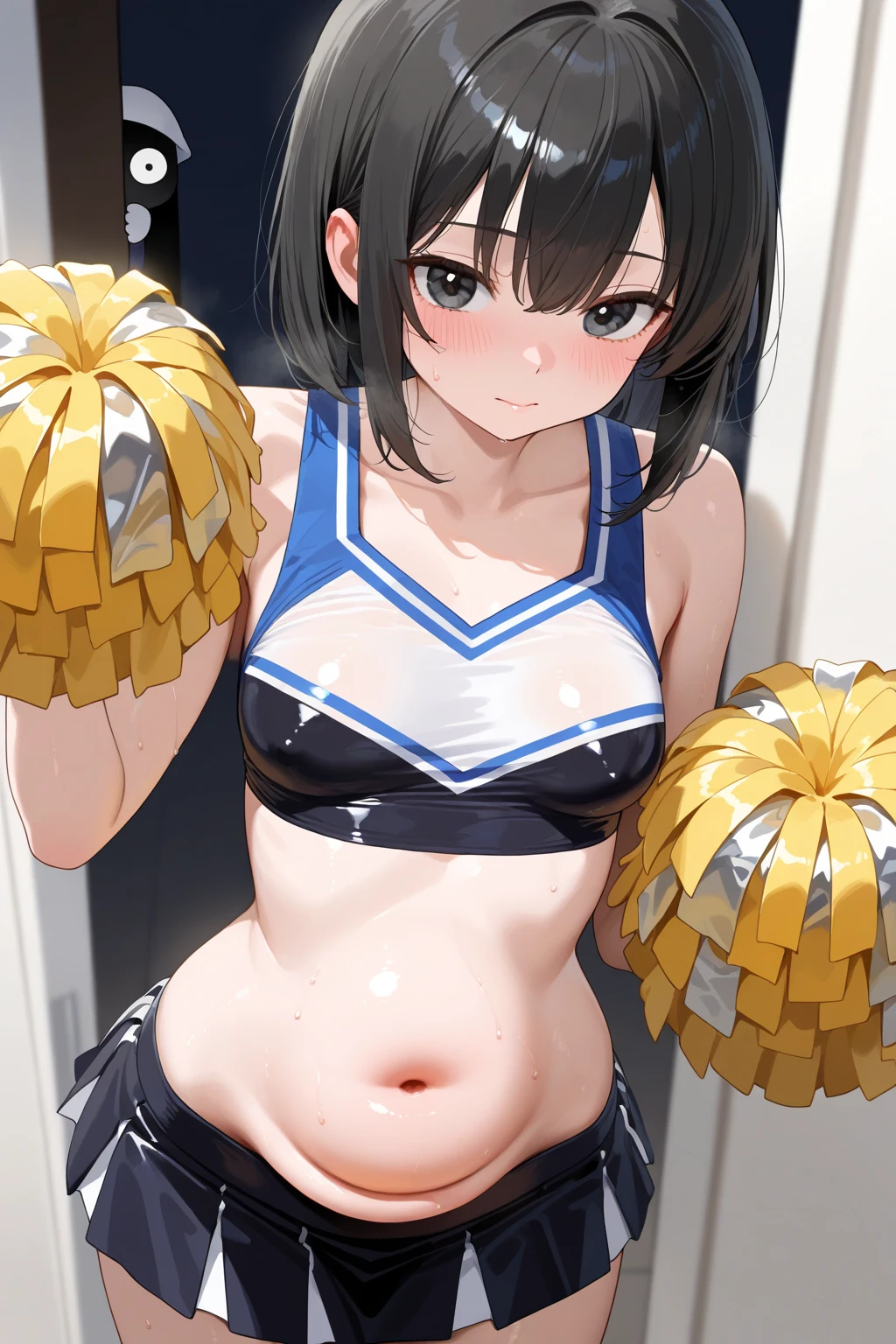 nsfw, extremely detailed CG unity 8k wallpaper, strong facial expression,(sharp eye:1.2),(scowl:1.1), (embarrassed,blush:1.3), (steam:1.1),(wet:0.8),(sweat:0.8),(trembling:1.3) ,(parted lips:1.3),(harf open eyes:1.4),(feeling weak:1.5), (masterpiece, top quality, best quality, highly detailed:1.6), (1 cheer girl, Cheergirl Costume:1.3), Ponytail, , colorful, (cheerleader,blue frilled skirt, midriff, separate), full body, (girl trembling with sexual climax), urination, piss, peeing self, A lot of pee, having an accident, pee running down legs, standing, Crossing legs, (((pee stream))), (pee puddle), pee stain, panties, peeing, blush, trembling, embarrassed,, Brown Hair, Are crying, Yellow pee, Rubbing knees, ((leaking pee)), (((clutching crotch))), leaning forward, hand between legs, (Touching the crotch), Shaking one's shoulders, Breaking a sweat on forehead,