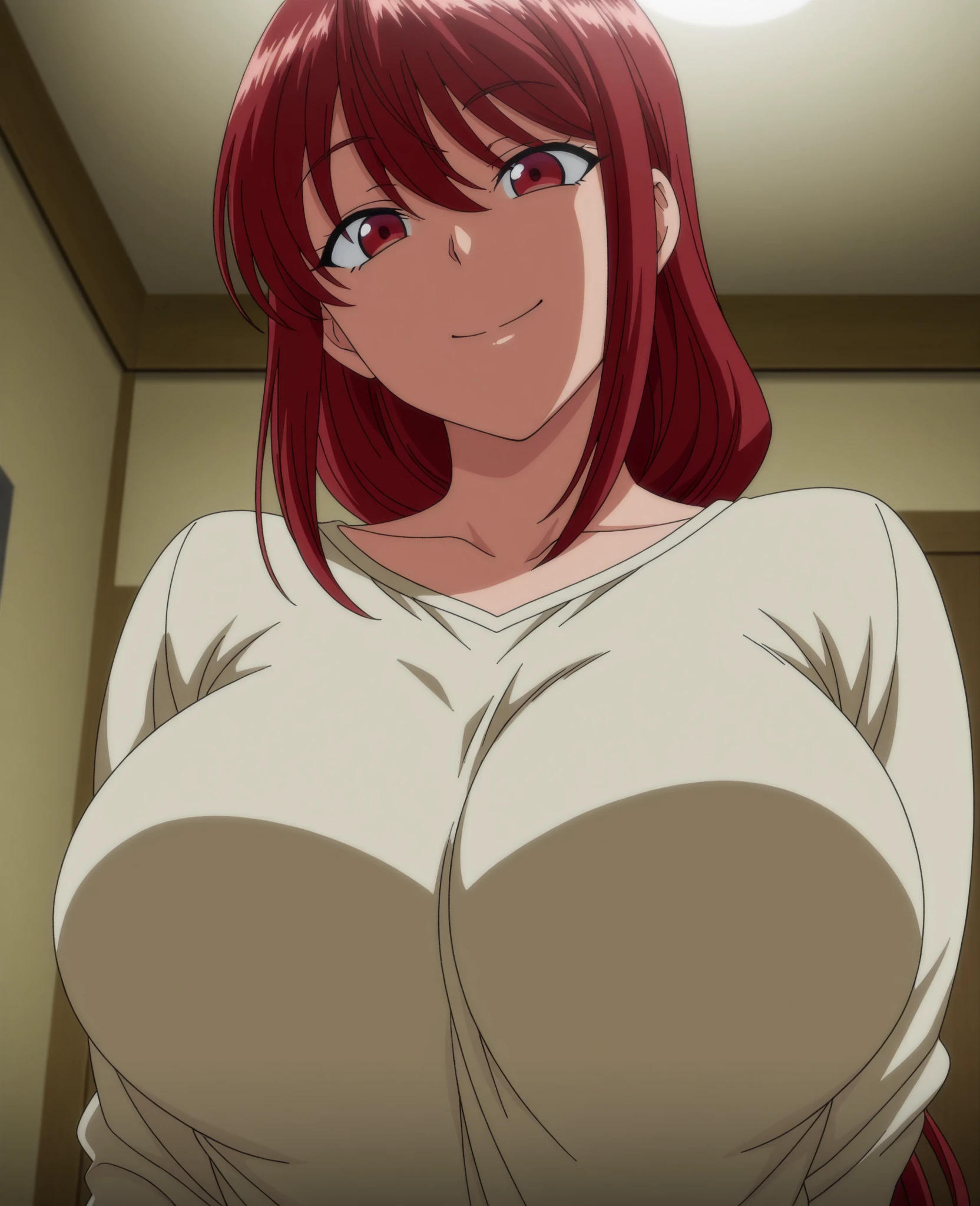 masterpiece, best quality, highres, 1 girls, hirokotakashiro, micro ruffle skirt, black off shoulder crop top , bedroom, full body shot, (smug:0.3), looking at viewer, focus solo, sexy pose, crossing legs, mature, flip flops, detailed feet, busty, cleavage, redhead, seductive, dangling shoes, red eyeshadow, glossy lips, black choker, long hair, playing on bed, complete body, seducing, yellow eyes, kneeling, cum in mouth, open mouth, joyful, erotic, cumshot, cum over body, cum on breasts, cum over face, recieving cum, ecstasy, face of pleasure, sucking finger, grabbing breast, covered in cum, sultry, erotic, filthy, dancing, worship, happy, lustful, horny,