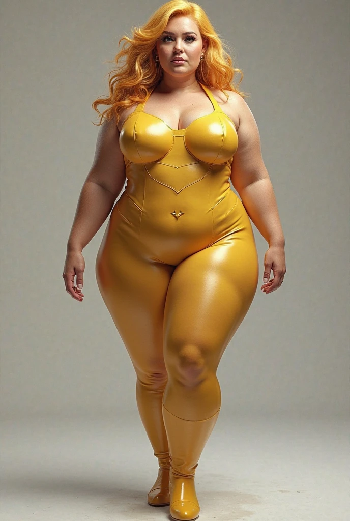 (highest quality、8k、32k、masterpiece、Ultra-high resolution:1.2、Perfect body beauty:1.2、Wearing a futuristic hero suit that glows pale yellow and white:1.5、Cute 25 year old White woman、Big and ample breasts:1.5、Upper Body、front、Simple Background、Looking at the audience、Dynamic pose:1.8、sunlight、nswf:1.5 ((Light yellow rubber suit)),((Huge slack)),((heavy body)),((Wide Hips)),((Thick body)),((Fat belly)),((Fat girl)),((Chubby)),((Big Size)),((White woman)),((Brown Hair)),((short hair)),((blue eyes)),((Full body portrait))、Long socks、I can't see my bare skin、High heels、Full body portrait、ponytail、Simple Background、Full body portrait、Full body portrait、High heels、Stand with your feet shoulder-width apart、One Woman、Simple white background、