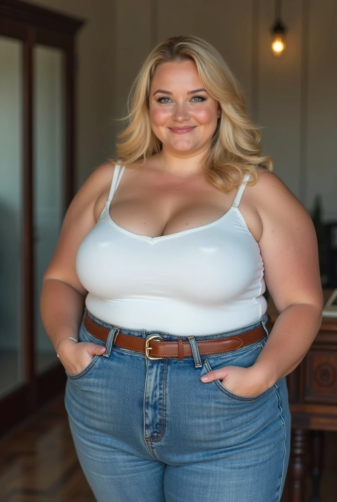 Fat, mature woman, 40 years old, white Caucasian American woman, walking outside, night time, Mississippi, Gulfport, night, long straight blonde hair, cleavage, casual and daily dressed, big hips, thick thighs, casual clothed, natural saggy breasts, Full Body Shot, From Above View, High Angle View, selfie, smile, selfie point of view, chubby body