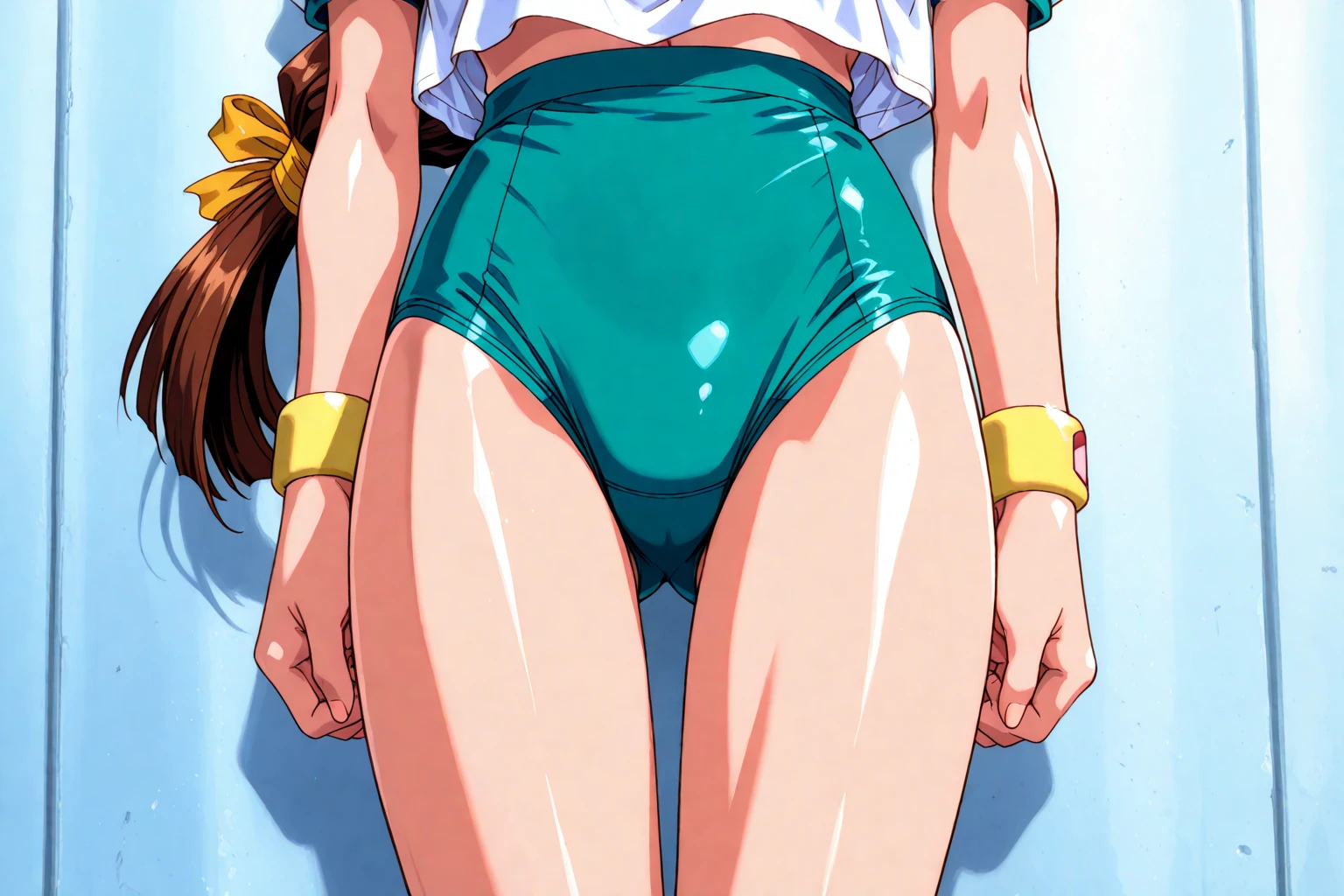 1 woman, Chie Satonaka (from persona 4, light brown short hair, white skin, brown eyes, strong fit body:1,2), tight wet bra and green and yellow panties, bare shoulders, looking at the viewer, white socks and sneakers, lascivious, ecchi, wideshot, bare belly, blushing, sexy:1,5, daning on a strip pole, in a night bar
