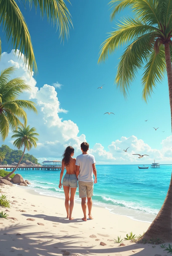 Magnificent beach, transparent waters with light bluish tone, a couple holding hands, clear sand, blue background, colorful trees and birds, some bathers on the beach --auto