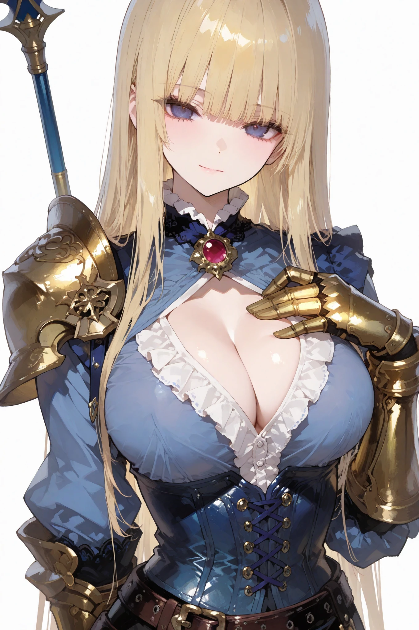 "(masterpiece:1.1), best quality,
1girl, (80s anime style:1.3), (eyelashes:1.5), (loli:1.2),
(intricate high detailed body:1.2),
(blonde hair:1.1), (hair slicked back:1.2), (long hair:1.1), (holy hat:1.2),
green eyes, (red lip stick:1.3),
(pale skin:1.3), (curvy body:1.1), (gigantic breasts:1.5),
(light smile:1.2), open mouth,
(see-through bikini armor, criss-cross halter:1.2), (mini skirt:1.2),
(knight armor, armored boots, capelet:1.2), (fur:1.1), (accessories:1.1), collar,
standing, arms behind back,
(upper body, cowboy shot, looking at viewer, from front:1.1),
(daytime, grassland, outdoors:1.2)"