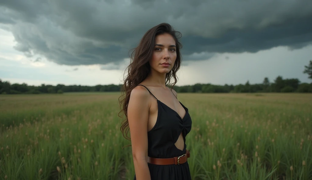 Brunette in black one piece in field of wheat with cloudy sky, blonde, 21 years old