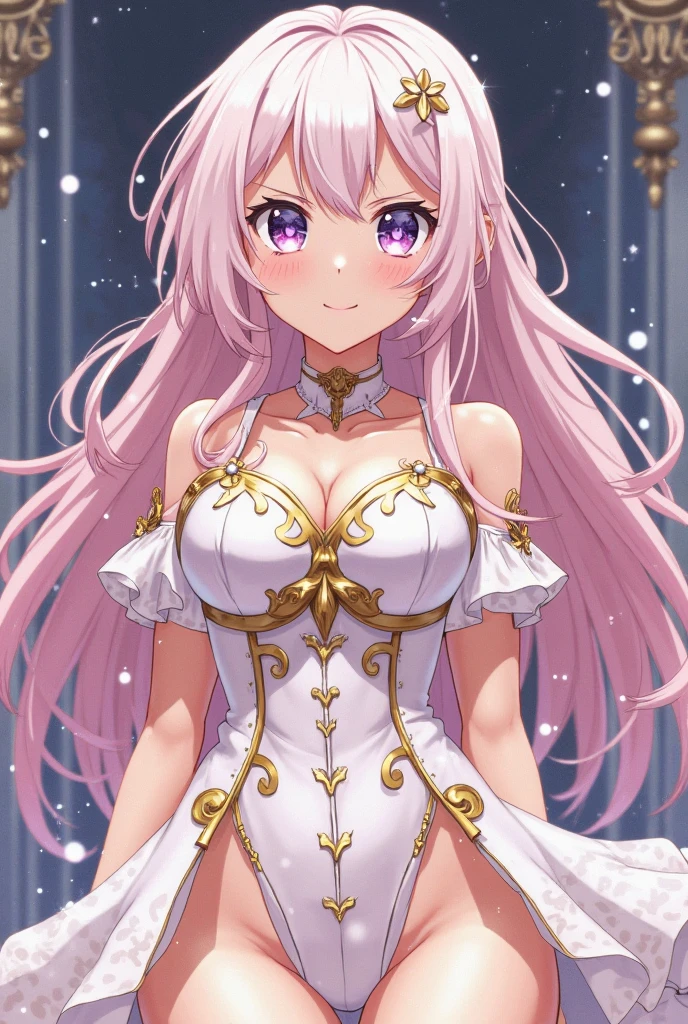 teenage girl,sacred,Solo person,Enchanted,((pink hair,purple eyes)),Have fun,in love,Yellow and white princess dress,silver crown,Clothes with intricate details,(decorated with diamonds),royal writings,swimming costume,inside the room,(shine:1.2), (best quality), (Masterpiece:1.2),Beautifully detailed face