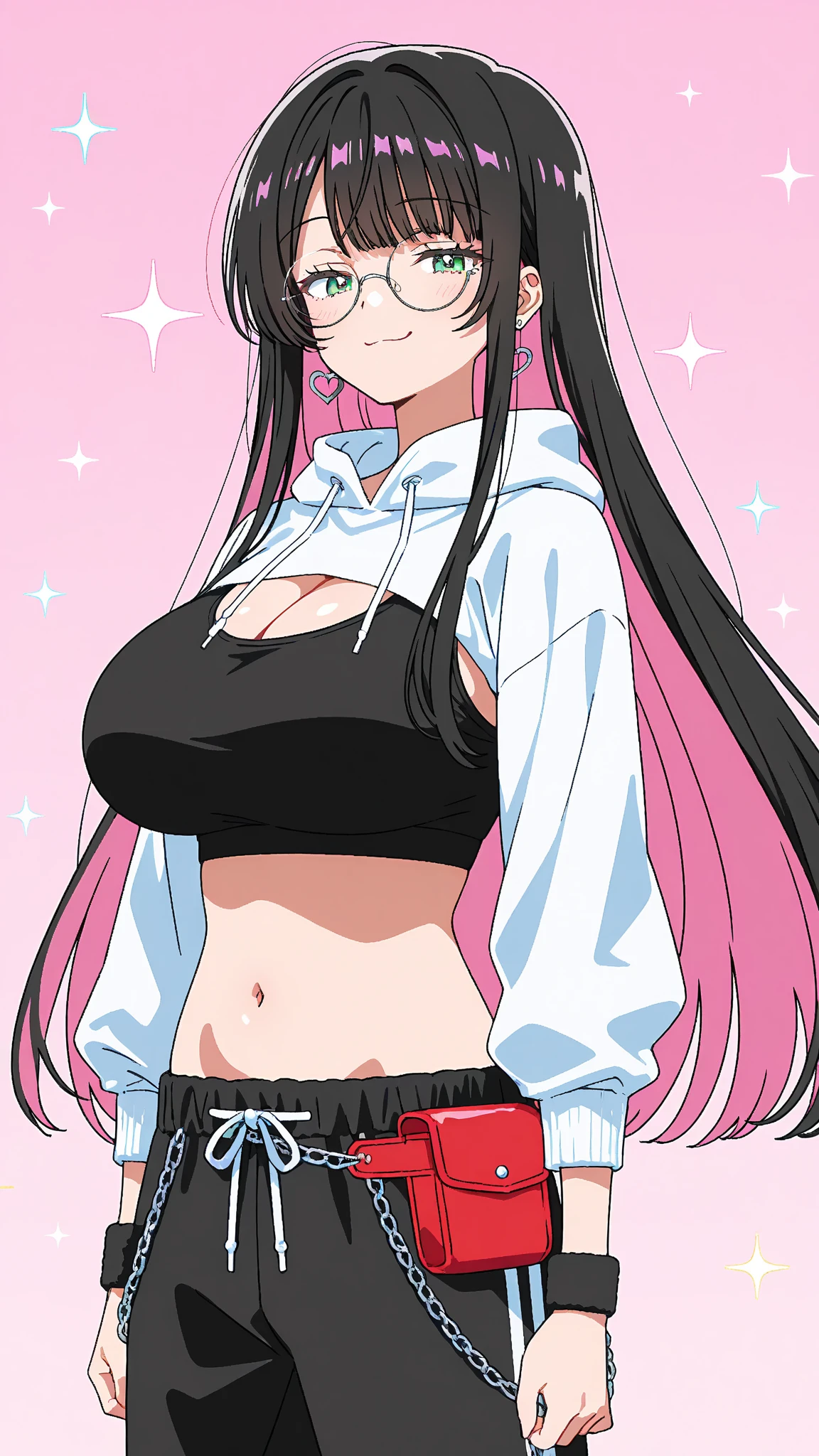 best quality, expressive eyes, perfect face, black hair, long twintails, straight bangs, pink eyes, smirking expression, pink hoodie crop top, black thigh highs, pink lips, black panties, big breasts, adult, pinching finger, evil 