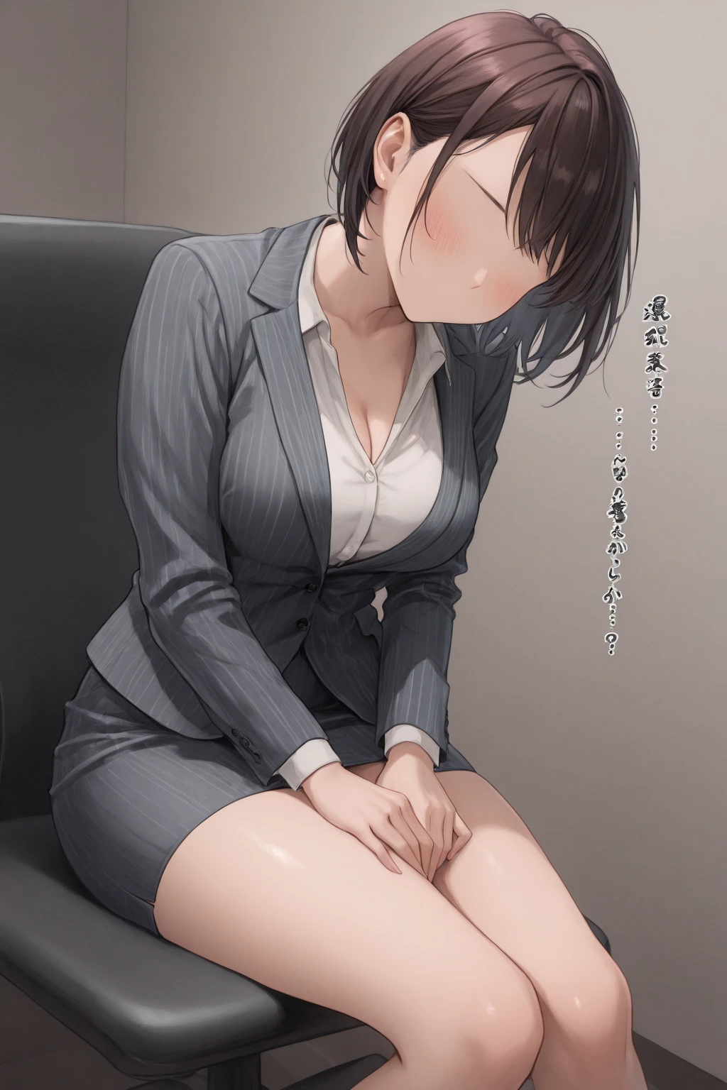 (1 person、alone), Beautiful woman, (Anatomically perfect body, Slender、(OL, officeレディ:1.2)、business suit、 (Look down:1.2)、24-years-old、(Highest quality)、Black Hair, (half updo:1.2), (office)、(8K, High resolution)、(shy:1.4)、small breast, (Thin legs、Small Ass)、(steam:1.1), (embarrassed:1.3)、High definition face、(Pussy juice:1.2), (extra detailed panty), (Sit on a chair)、(Bend your knees、knees to chest:1.1), (hands to pussy:1.3), High heels
