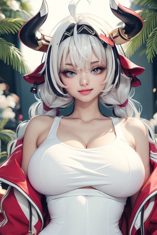 girl, ((huge breasts)), white hair, red sweater, Look at the camera, big eyes, beautiful pupils, upper part of body, abdominal muscles