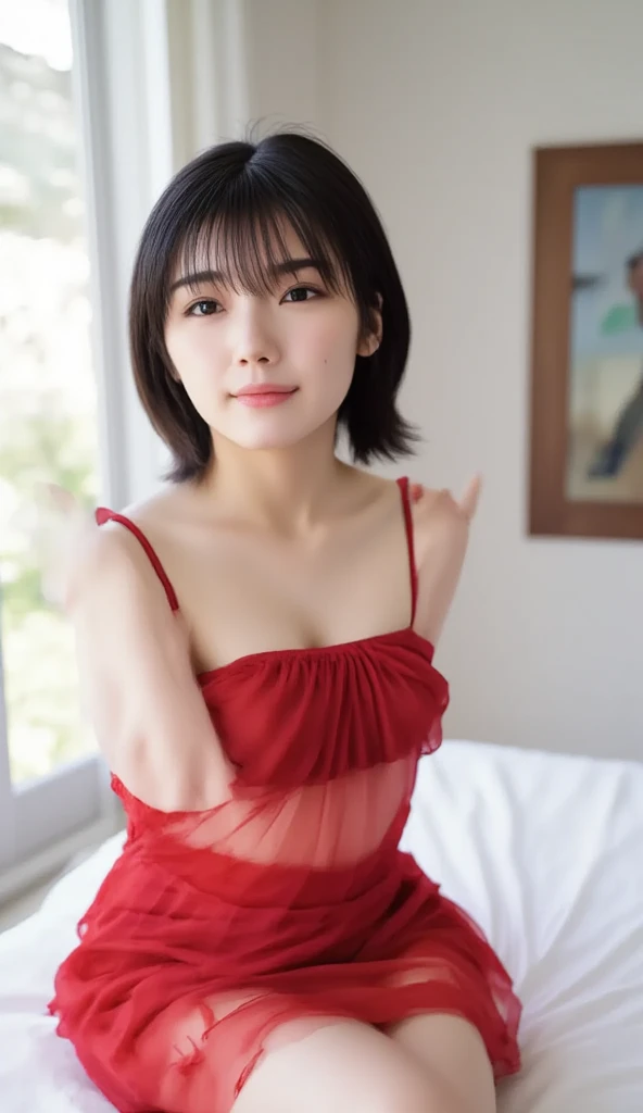 (one girl:1.3), Short hair, Japanese high-school student, Amazing face and eyes, Looking at the camera, Smile full of joy、show teeth、Raise your hands behind your head、Show the armpits、(Sitting with Knees Up on floor, spread legs, cameltoe), (red dress:1.2), (Best Quality:1.4), extremely detailed CG unified 8k wallpaper, Highly detailed, High-definition raw color photos, professional photograpy, Realistic full-body shots, Filming in the studio、Plain wallpaper, sexy portrait of girl, Open exterior, (from bellow:1.3), (looking down, watching at Viewer),