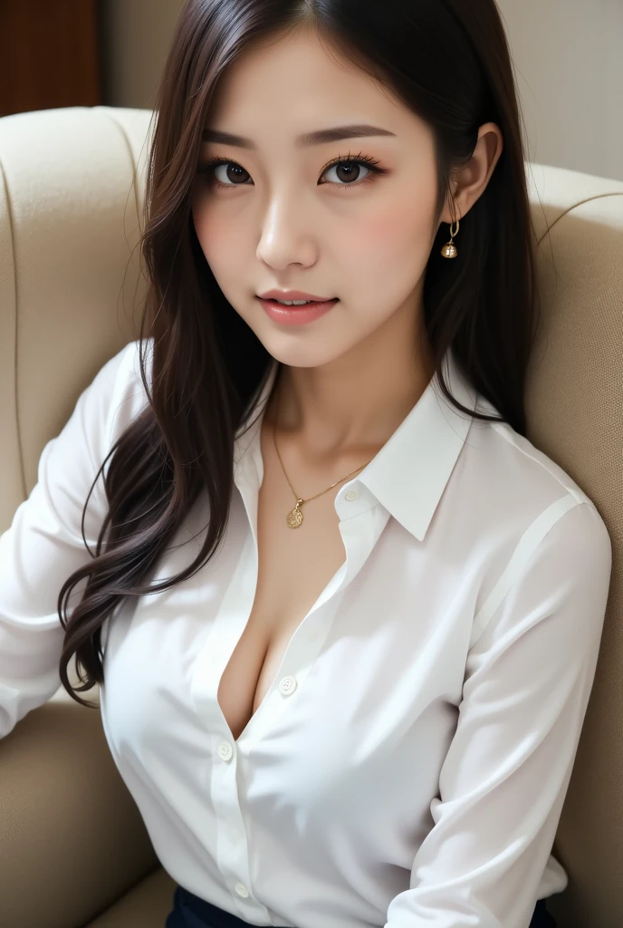 (RAW Photos), (Realistic), (masterpiece), (highest quality), High resolution, 8k, (Intricate details), (Volumetric Light), Portraiture, woman, Age 35, Medium Hair, Straight hair, Medium Chest, Accentuate your cleavage, Layered Hair, Brown Hair, Very beautiful eyes, Source order, Very thin eyebrows, Very fine skin, Very beautiful mouth, Very nice nose, Cute like an idol, smile, (Thick lips), (Looking at the audience), (White collared dress shirt), Above the knee shot,