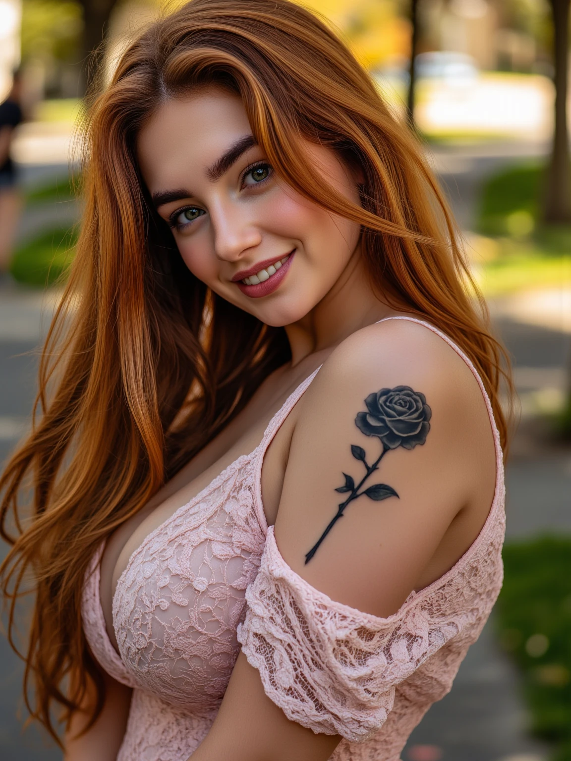 Girl, gorgeous, big breast, nipple, slim, back, amazing colored cupid tattoo, outdoor