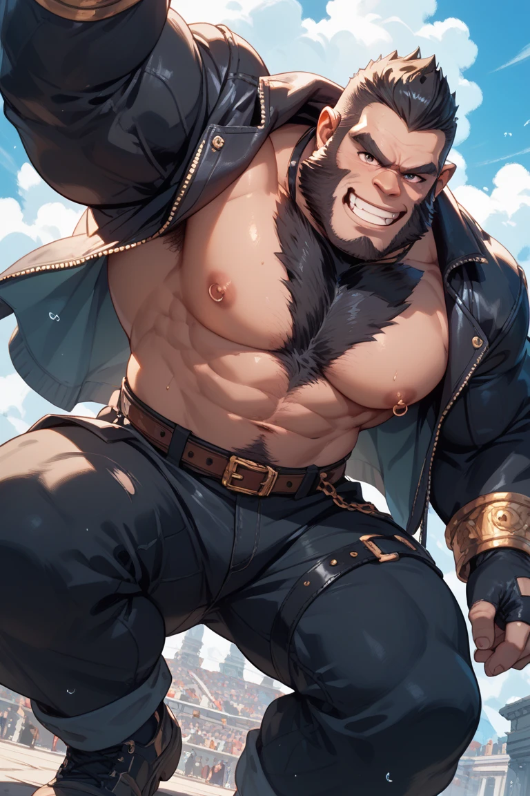 e621, ((oil painting \(medium\), by Wildering, by Patto, by Duskihorns)), solo hyper muscular male (Ozaru, ),(gorilla,prick ears,brown fur,hyper pecs, fur on cheek, long muzzle, brown monkey tail muscular abs,brown body, big smooth muscles, red eyes,biceps,onecolored body,summer,teeth), ?????, big pecs, brown fur, brown body, fur on pecs, brown pecs (cowboy shot, portrait, half length shot)