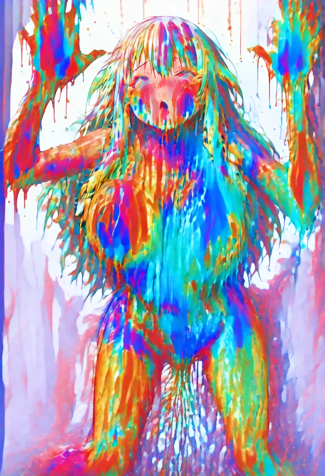 Albino woman with long black hair without bangs, ((left hand behind head)), new, naked, (pale skin), (albino woman), (with wet body), (sweaty body), (slender figure), very thin body, ((white fluid oozing from the vagina)), top Model, (flat-chested), Posed and photographed, pose legal, provocative, raunchy, brat, Graffiti art background and clothes scattered on the floor
