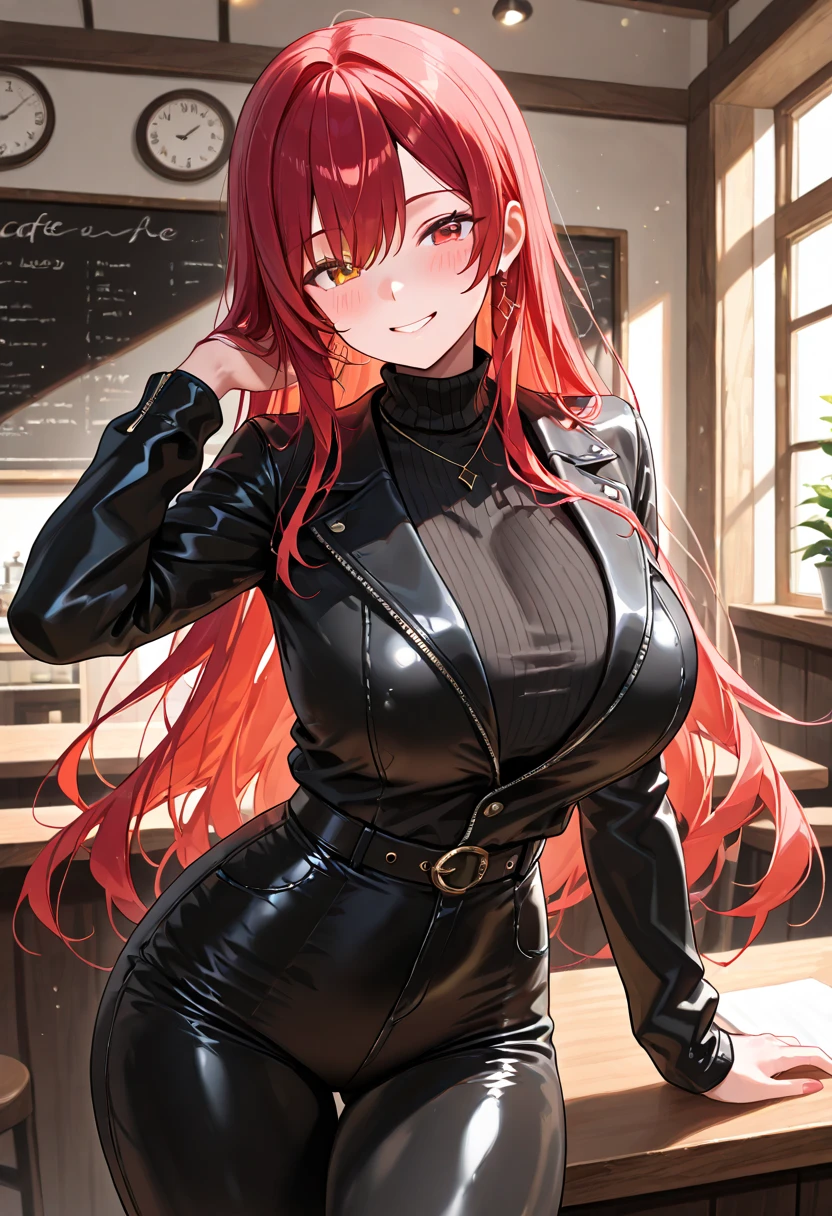 1 Girl, big red hair, black hair tips, bangs, eye hair, sexy anime rabbit outfit with pantyhose, thin waist, big chest, thick legs, big thigh, standing, background scenery, in a nightclub, colored lights, ambient details, ultra-detailed