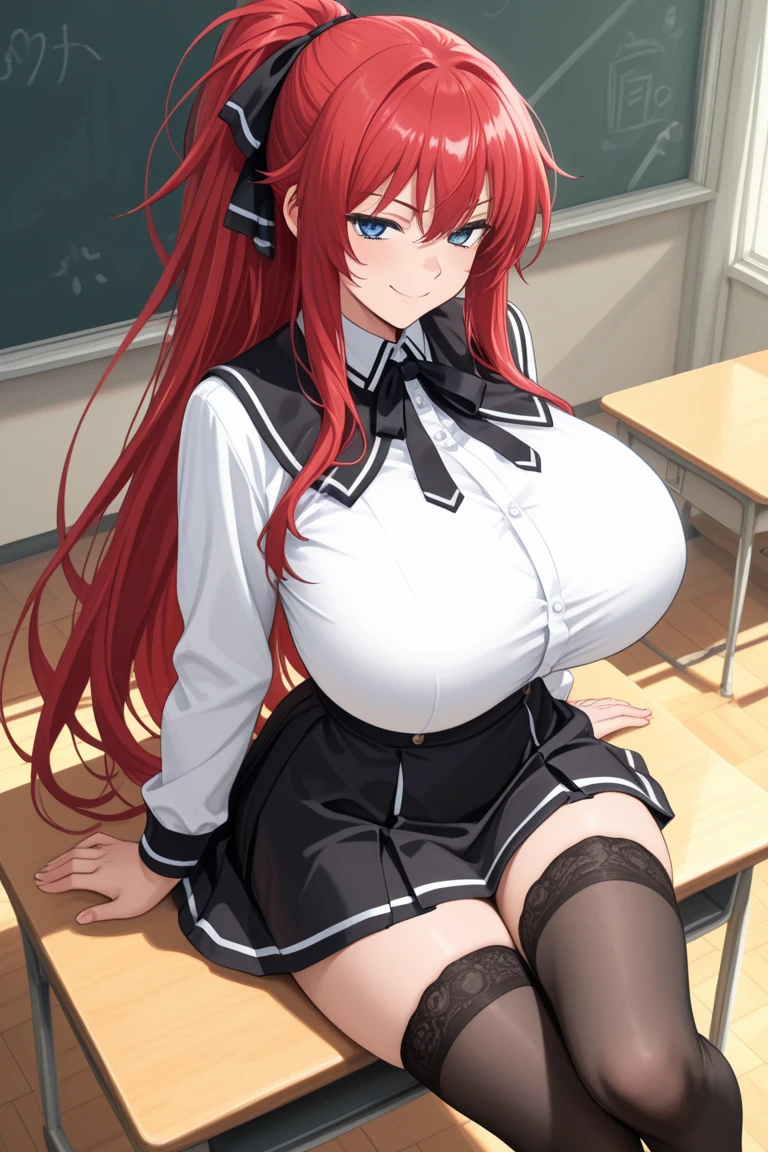 (Masterpiece:1.2, high quality:1.2), (solo:1.2), (1girl:1.2), (pixiv:1.4), (Rias gremory), indifferent, (glare:0.8), crimson red hair, wavy long hair, sharp bangs, crystal green eyes, (detailed eyes), double eyelids, black eyeshadow, long eyelashes, pale red lips, beautiful face, detailed face, neckline, collarbone, busty cleavage, (beautiful round breats:1.2), school uniform, unbuttoned shirt, exposed cleavage, pleated skirt, black racy panty, exposed pantyhose, (pov from below), stockings, leaning on desk, beside window, windowsill, ((detailed face))