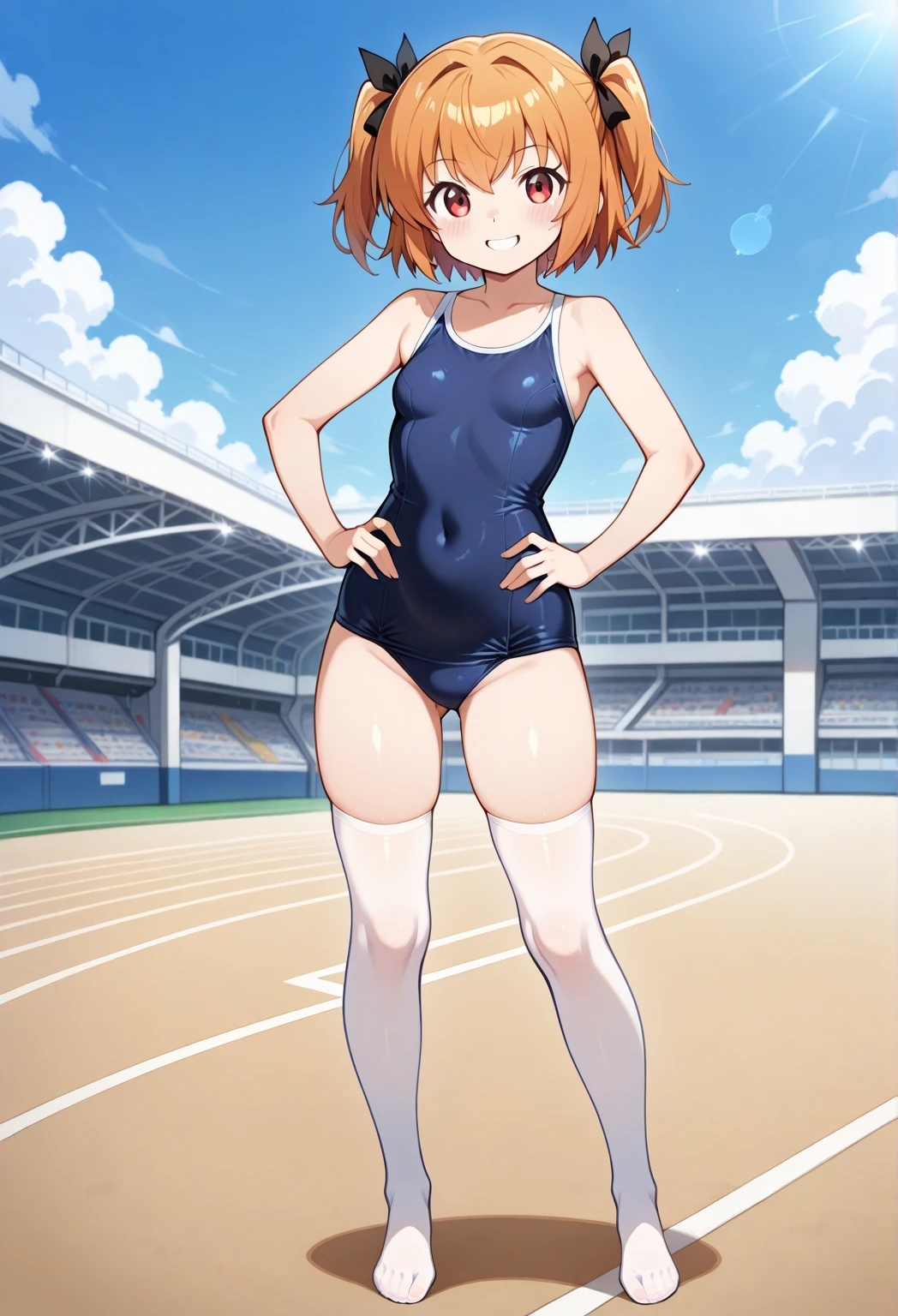 a cartoon image of an anime cartoon lady in a tight blue bathing suit, 1girl, breasts, swimsuit, one-piece swimsuit, solo, large breasts, thighhighs, blue one-piece swimsuit, smile, competition swimsuit, looking at viewer, jacket, short hair, blush, covered navel, black thighhighs, white background, simple background