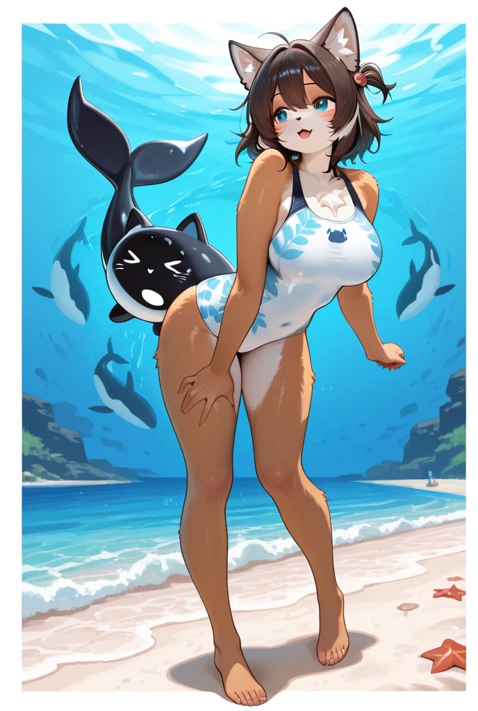 1girl、(((best quality)), ((masterpiece)), (details), masterpiece, best quality, high quality, ulutra detailed, perfect face, ((1girl, Blue eyes, cat ears: 1.3 silver bob hair: 2.5,))、Shiny Hair、Glowing Skin、smile、Lustful look、I can see your toned stomach、Sideboob、iding on the inflatable killer whale float.Ocean、Ocean上、Ocean水浴、Orange Bikini、smile、Heart effect