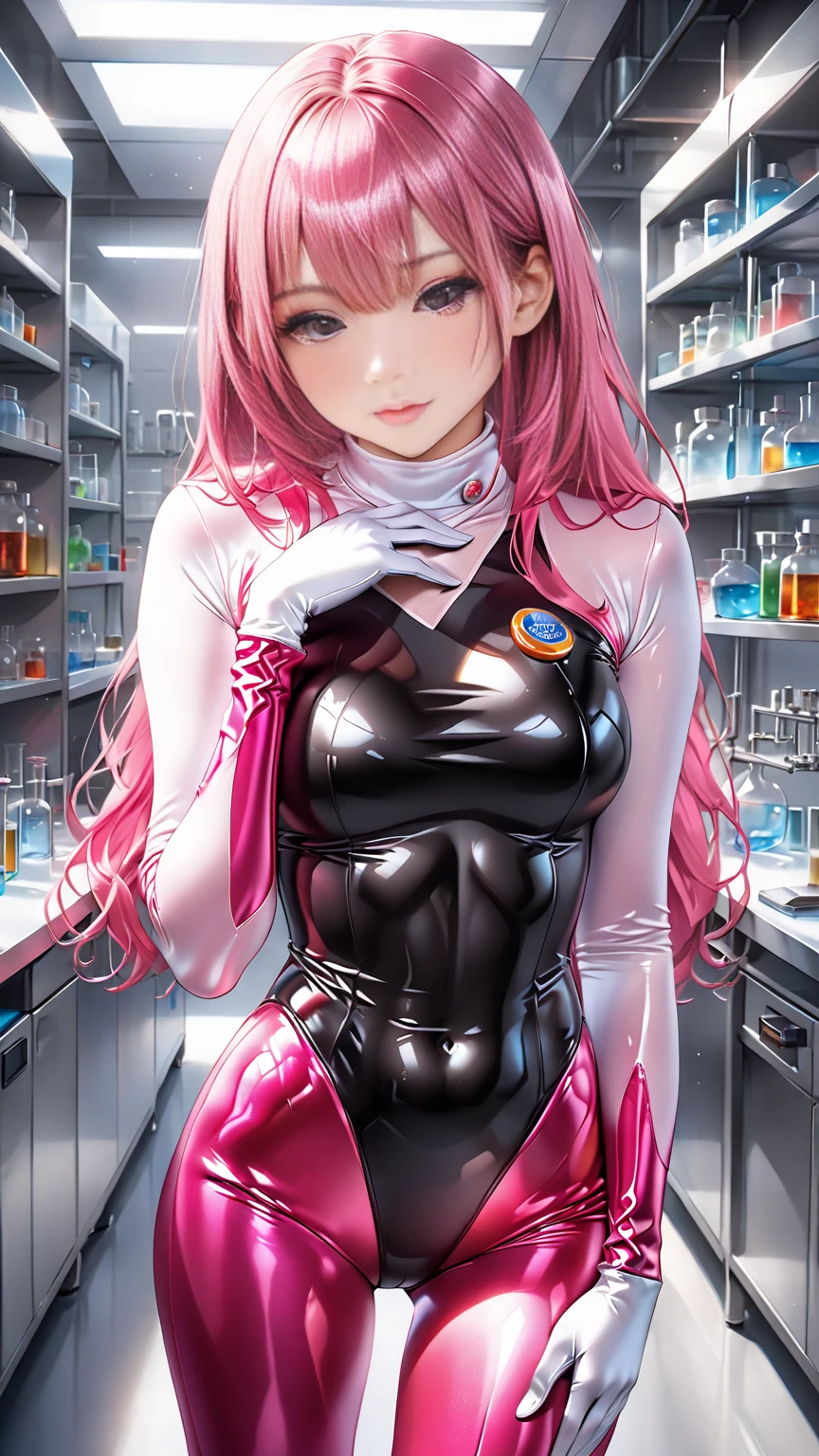 A girl, 20 years, Blonde hair with pink highlights very long straight, fringe, pink eyes, Pale skin, marked feminine features, wearing a black Spider-Woman suit with white and pink details, white jacket with pink, Posing, hands on hip, smiling.