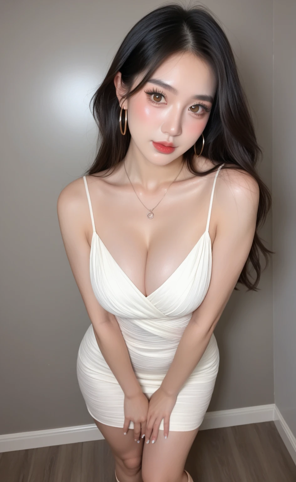 (8K, RAW Photos, of the highest quality, Masterpieces:1.2、Raw photo)、Portraits, high resolution RAW color photos, Professional Photos、Super Resolution, 8K, (Realistic, Real Photos: 1.3), 1 persons、super detailed, highly detailed and beautiful, Highly detailed, Amazing details、Cute beautiful woman with perfect body:1.4、Slim big:1.2、Full body image, Amazing details、Cute beautiful woman with perfect body:1.4、Slim big:1.2、shinny skin、Glossy lips、High-definition face and skin texture、A detailed eye、二重まぶた、Highly detailed、((The skin is shiny:1.2))、((Dark gray hair color、Ahair、Curled Hair)), ((Breast H Cup:1.2, very large breast:1.2、Too large breasts:1.2、Bursting breasts:1.2))、(((ample breasts:1.4)))、((((The skin is shiny:1.2))))、(High Definition Breast、happy facial expression), ((married woman:1.2))、((Big necklace、large earring))、((White tank top:1.2))、((Large tank top:1.2、Bukavka tank top:1.2、Loose tank top at the chest:1.2、I can see the cleavage))、((Black tights:1.1))、((full body Esbian:1.3、Shooting from a distance:1.1))、((Sitting on the bed))、((mysterious background))