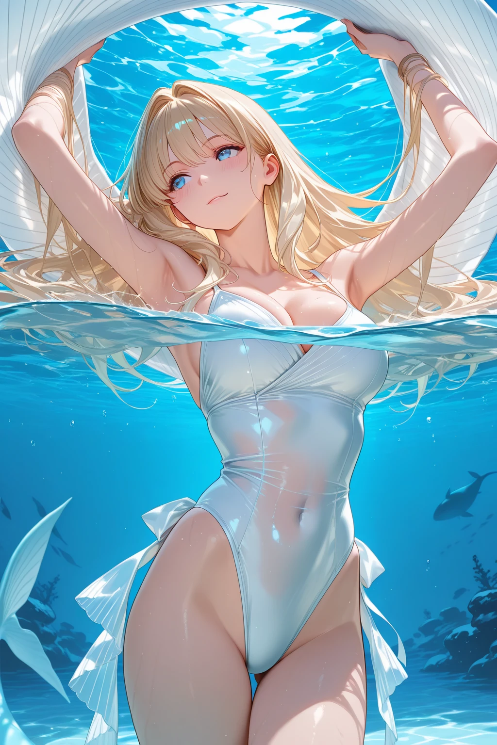 ((masterpiece Best Quality)), Ultra-realistic, High Definition, high quality texture, Realistic, Photorealism, 8k wallpaper, Crystal clear sea, Floating in the water, [1sexy girl:1.2], (Very perfect and beautiful face, A slight smile, mesmerizing eyes, Blonde Straight Hair, pale blue eyes, White shiny skin, Natural lips, sexy thighs, full body, Transparent Sexy lingerie, Nipple protrusion in lingerie, No Clothes), (In the sea), ((view from below up:1.5)), light leaks, Poured Light, soft light, The moon seen from underwater, Fish swimming, vibrant colors, Underwater Flower, Colorful seaweed, Professional photography, Beautiful lighting, dreamy, 