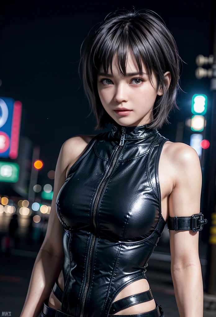 (best quality, 8K, ultra-detailed:1.2), realistic, woman in her 30s, alone, tomboy, ultra-detailed face, rim lighting, upper body, blue black pixie cut hair, (small bust:1.5), body suit made of leather material, with a jacket