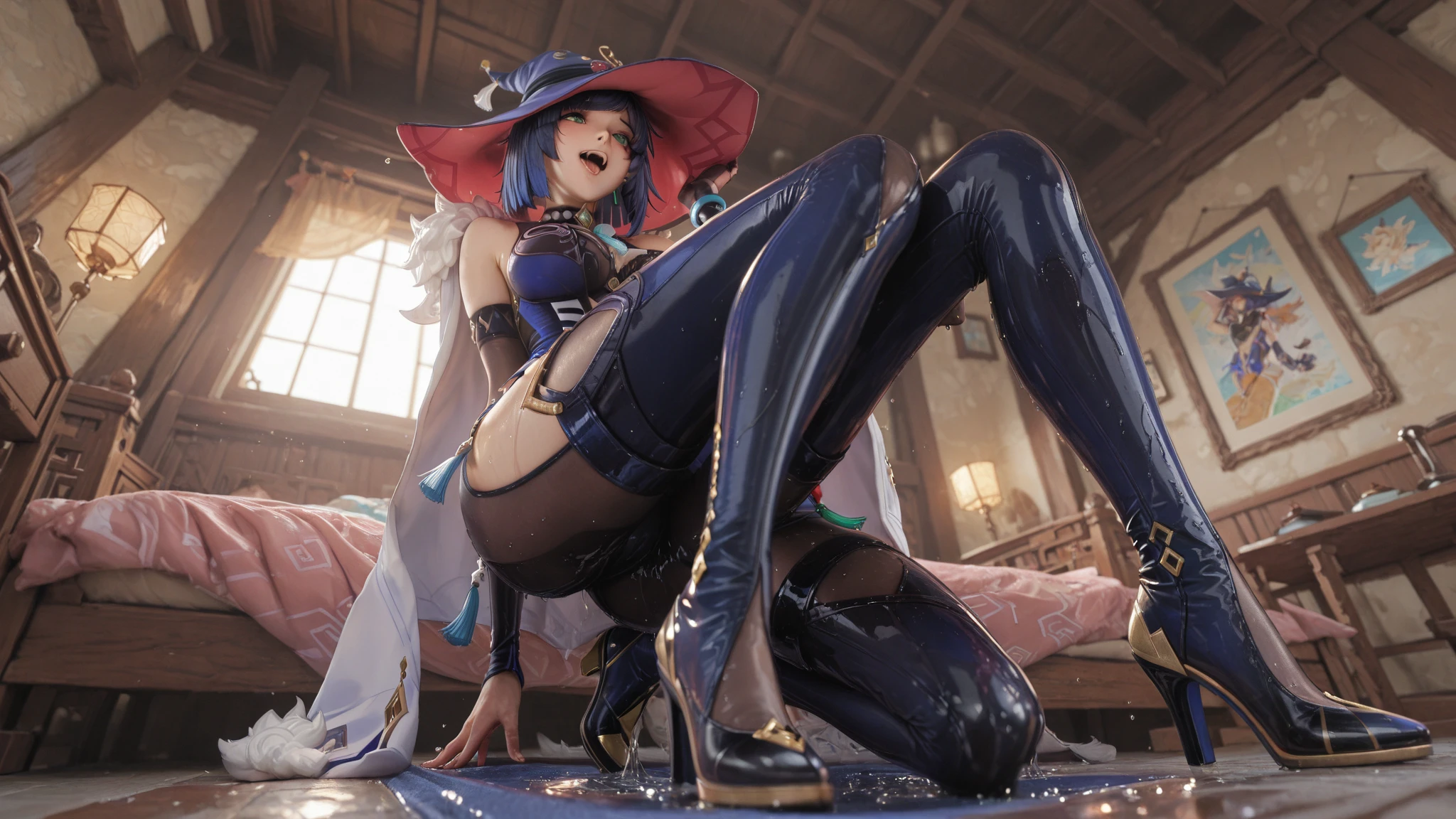 Beautifully drawn, good quality, Ultra-detailed CG illustration with athletic body of Jade from the video game Honkai Star Rail with purple hair who satisfies herself. She wears a revealing witch costume with a witch hat, Overknee socks and shows her feet and vagina into the lens