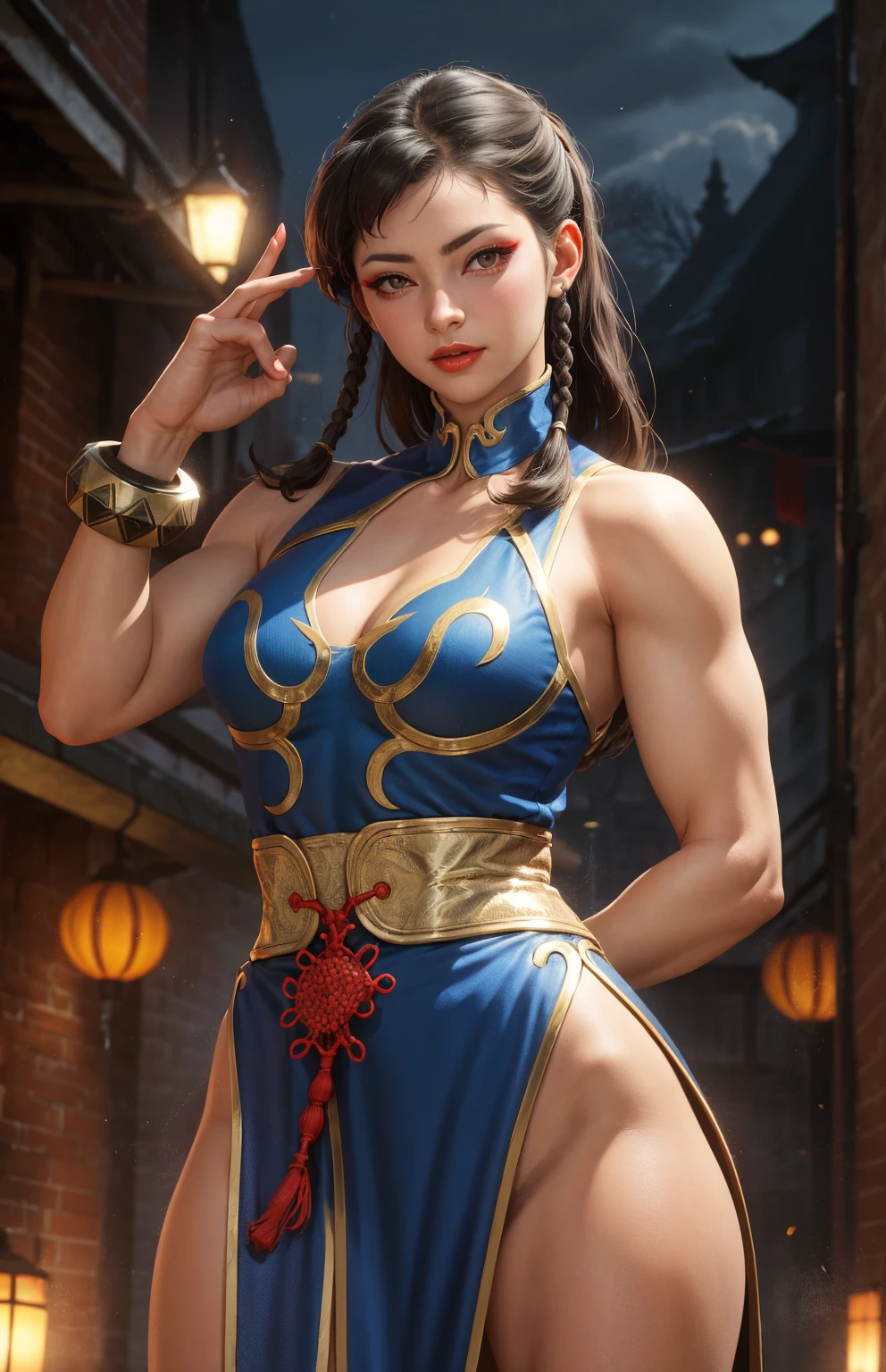 masterpiece, score_9, score_8_up, score_7_up, detailed, beautiful, seductive, Chun-Li, sexy, inviting, mesmerizing, dynamic pose, realistic, 1girl, solo, blue qipao, high slit, muscular thighs, white boots, spiked bracelets, long brown hair in buns, intense gaze, smirk, breaking chains, powerful aura, studio lighting, Ultra detailed, high quality, realistic face, realistic body, intricate details, glowing aura