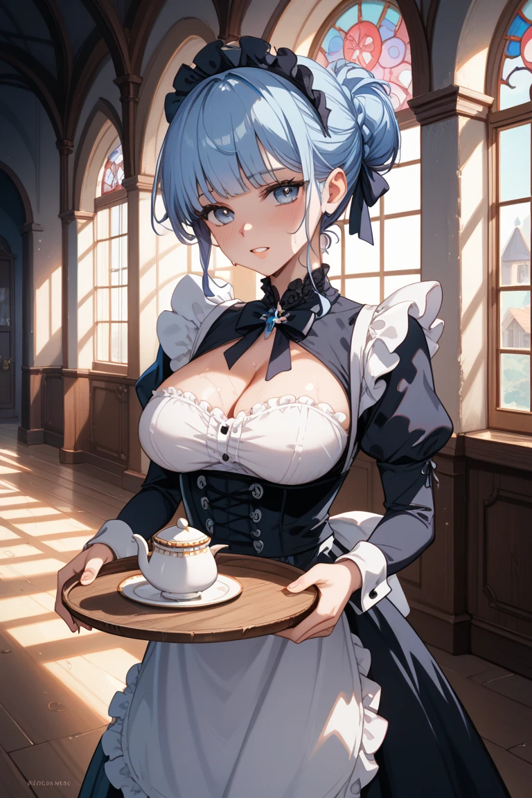 Rem from ReZero, Blue-haired girl, hair covering left eye, maid suit, white pantyhose, huge breasts, thin legs, ahegao, soft eyes, short, two-dimensional hair, tea in hand