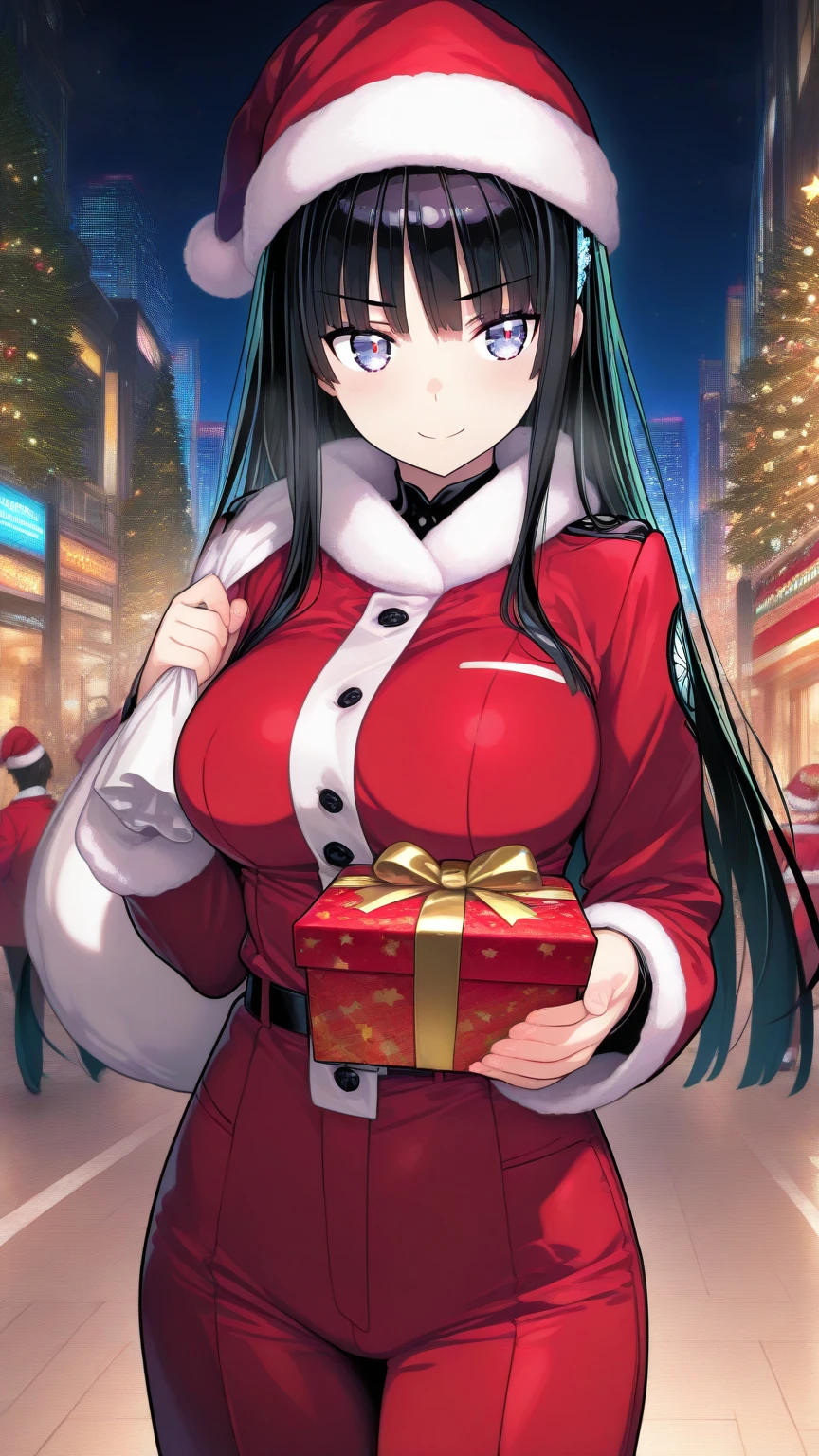 ,score_7_up,score_8_up,scrore_9,yatsu_murasaki,ymie,1girl,solo,breasts,long hair,large breasts,reindeer antlers,christmas,fur trim,cowboy shot,dress,blue hair,bell,cleavage,choker,neck bell,green dress,antlers,street,christmas tree,snow,christmas gift,holding gift box,smile
